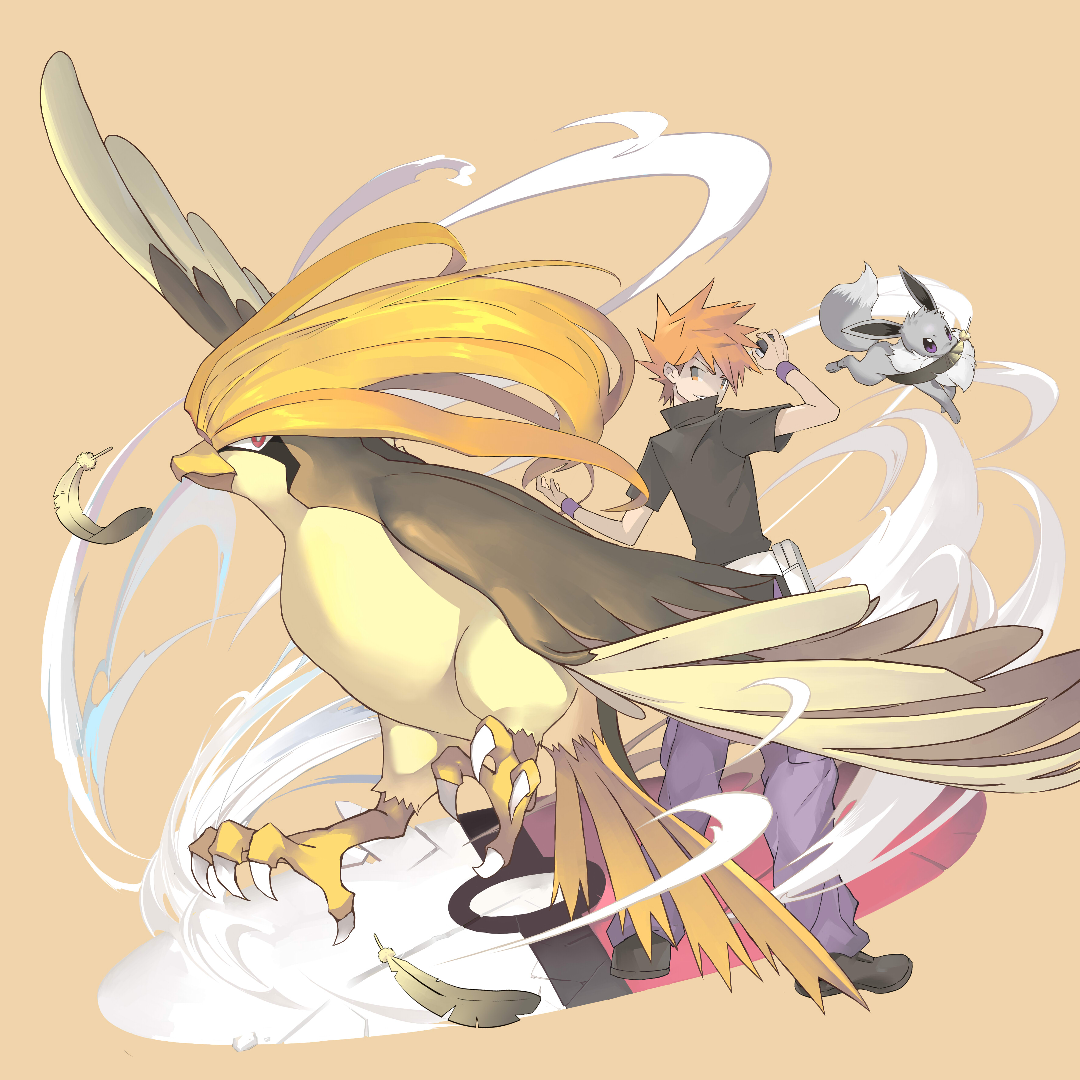 hiro (user negm3832), blue oak, eevee, pidgeot, nintendo, pokemon, absurdres, highres, 1boy, alternate color, bird, black shirt, black shoes, brown hair, feathers, gen 1 pokemon, holding, holding poke ball, looking back, male focus, pants, poke ball, poke ball symbol, pokemon (creature), shiny pokemon, shirt, shoes, short sleeves, standing, wristband