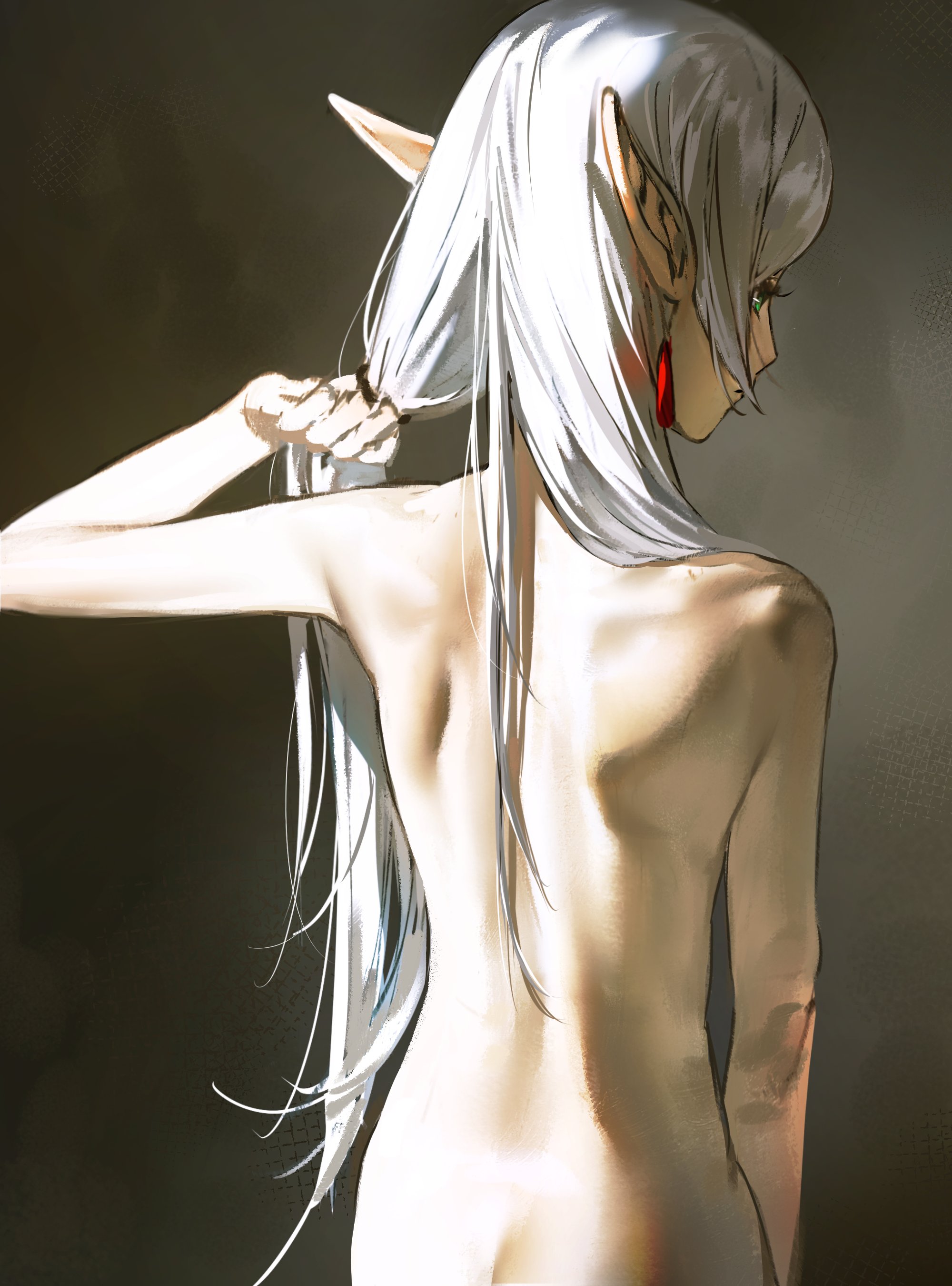 li nauu, frieren, sousou no frieren, absurdres, highres, 1girl, adjusting hair, arm up, back, closed mouth, completely nude, earrings, elf, from behind, grey background, jewelry, long hair, nude, pointy ears, solo, turning head, white hair