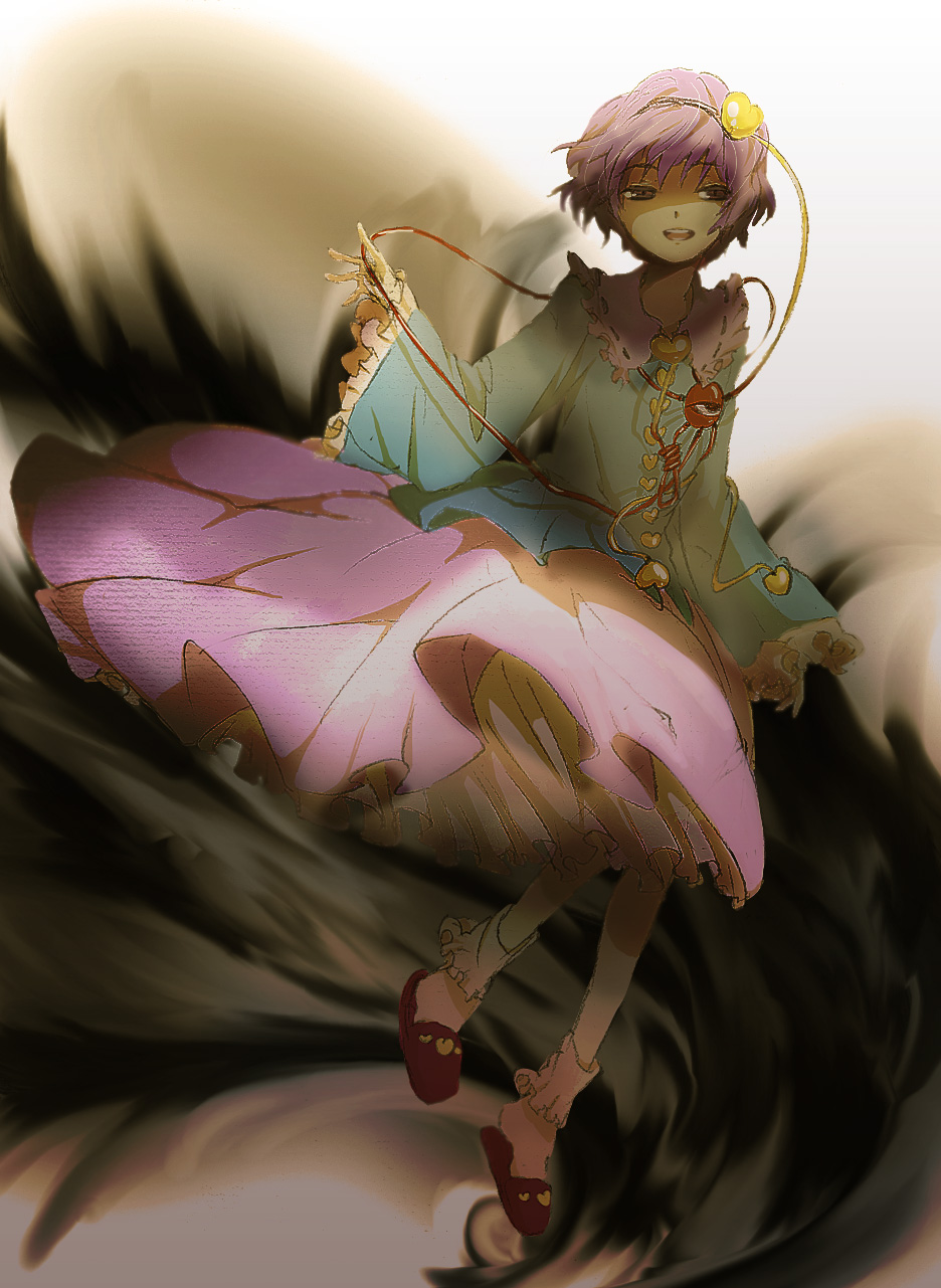 sugi, komeiji satori, touhou, bad id, bad pixiv id, highres, 1girl, female focus, headband, heart, long sleeves, open mouth, pink skirt, purple eyes, purple hair, skirt, socks, solo, teeth, third eye
