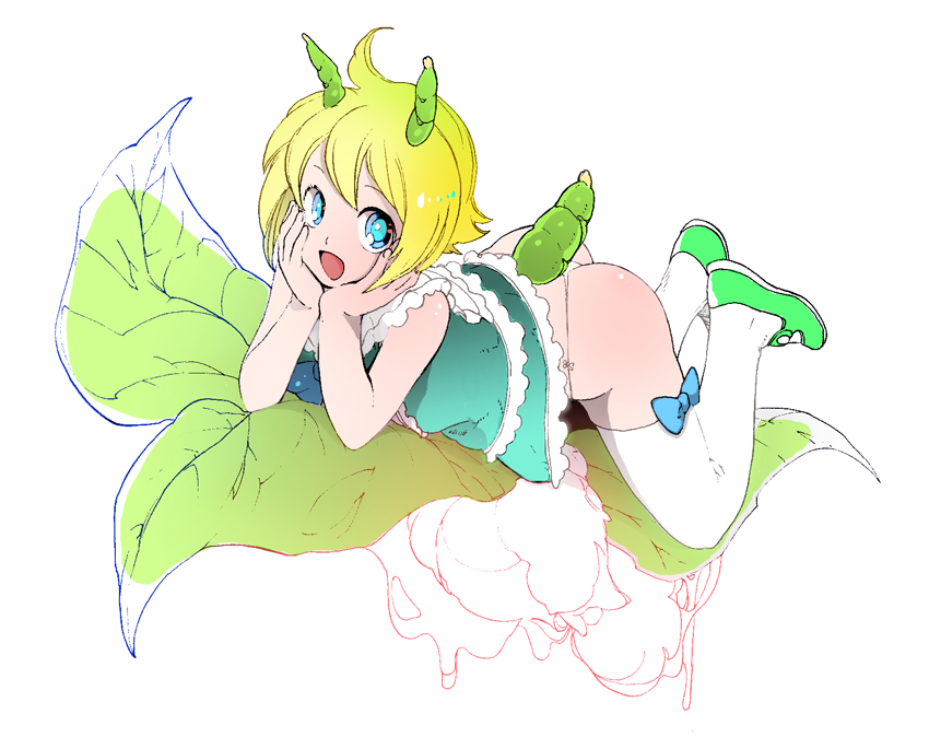 kanke (yonkuma), shimon (shimotsuma), bad id, bad pixiv id, 1boy, antennae, blonde hair, blue eyes, happy, male focus, short hair, smile, solo, tail, thighhighs, trap