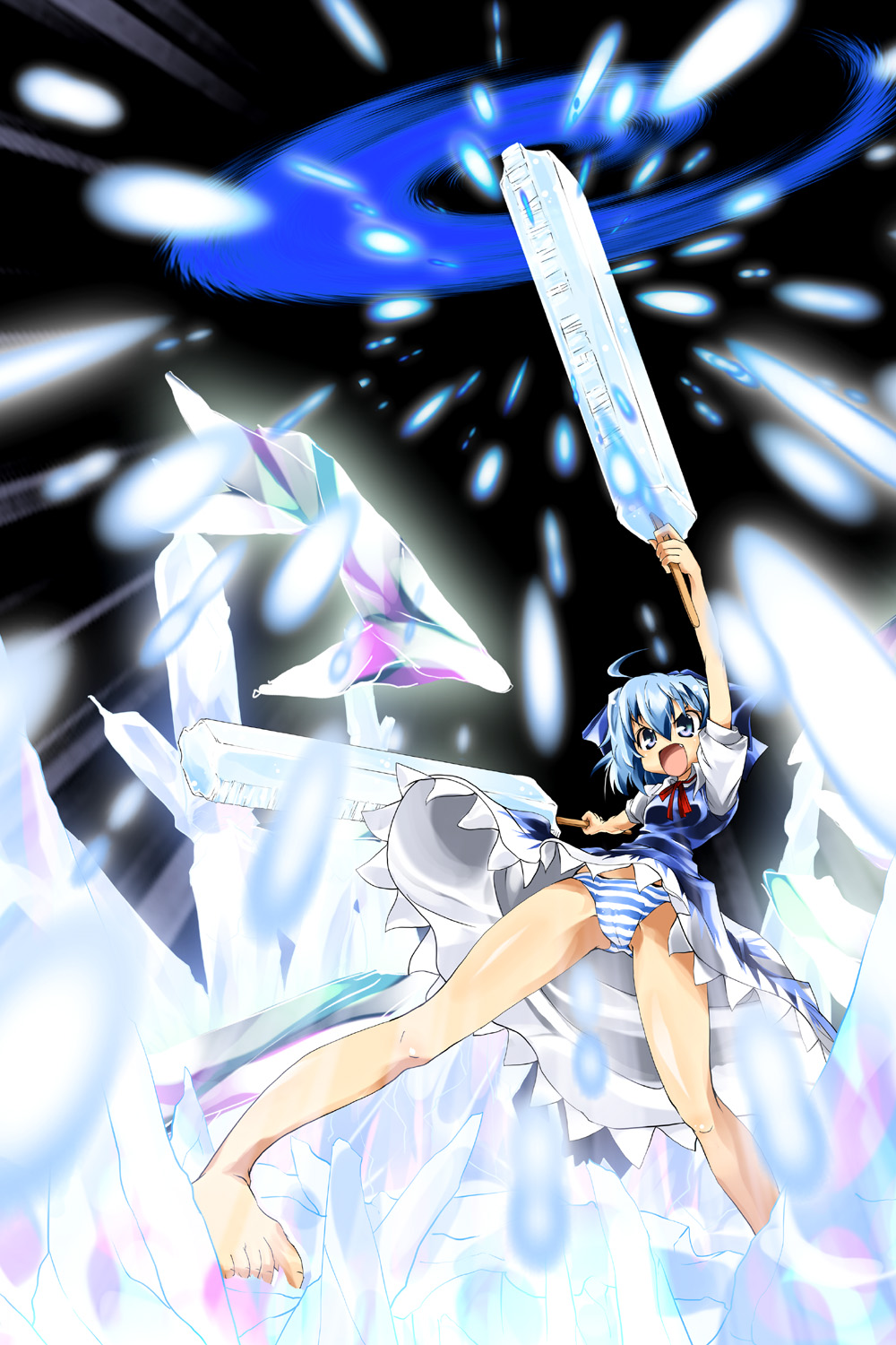 delusion overdose, matsuno canel, cirno, embodiment of scarlet devil, touhou, highres, 1girl, ahoge, angry, arm up, barefoot, blue eyes, blue hair, bow, cameltoe, dress, dual wielding, fang, feet, female focus, fighting stance, flat chest, food, glowing, hair bow, holding, ice, legs, light particles, magic, matching hair/eyes, no shoes, open mouth, panties, pantyshot, popsicle, ribbon, short hair, solo, standing, striped clothes, striped panties, underwear, upskirt, wind, wind lift