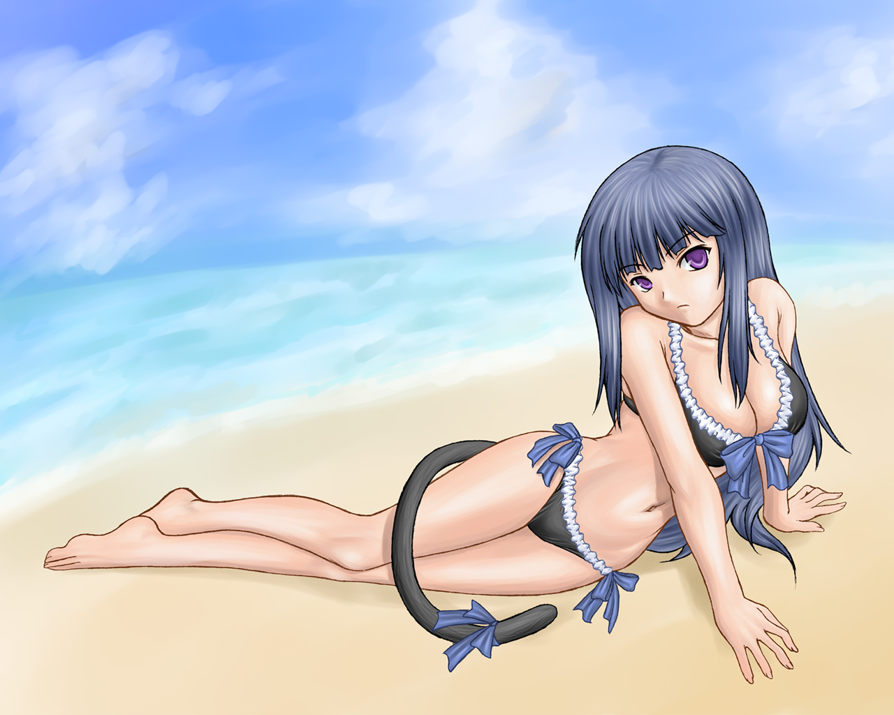 210ten, ten (pixiv192340), frederica bernkastel, umineko no naku koro ni, 00s, 1girl, barefoot, beach, bikini, black bikini, blue hair, day, female focus, long hair, outdoors, purple eyes, solo, swimsuit, tail