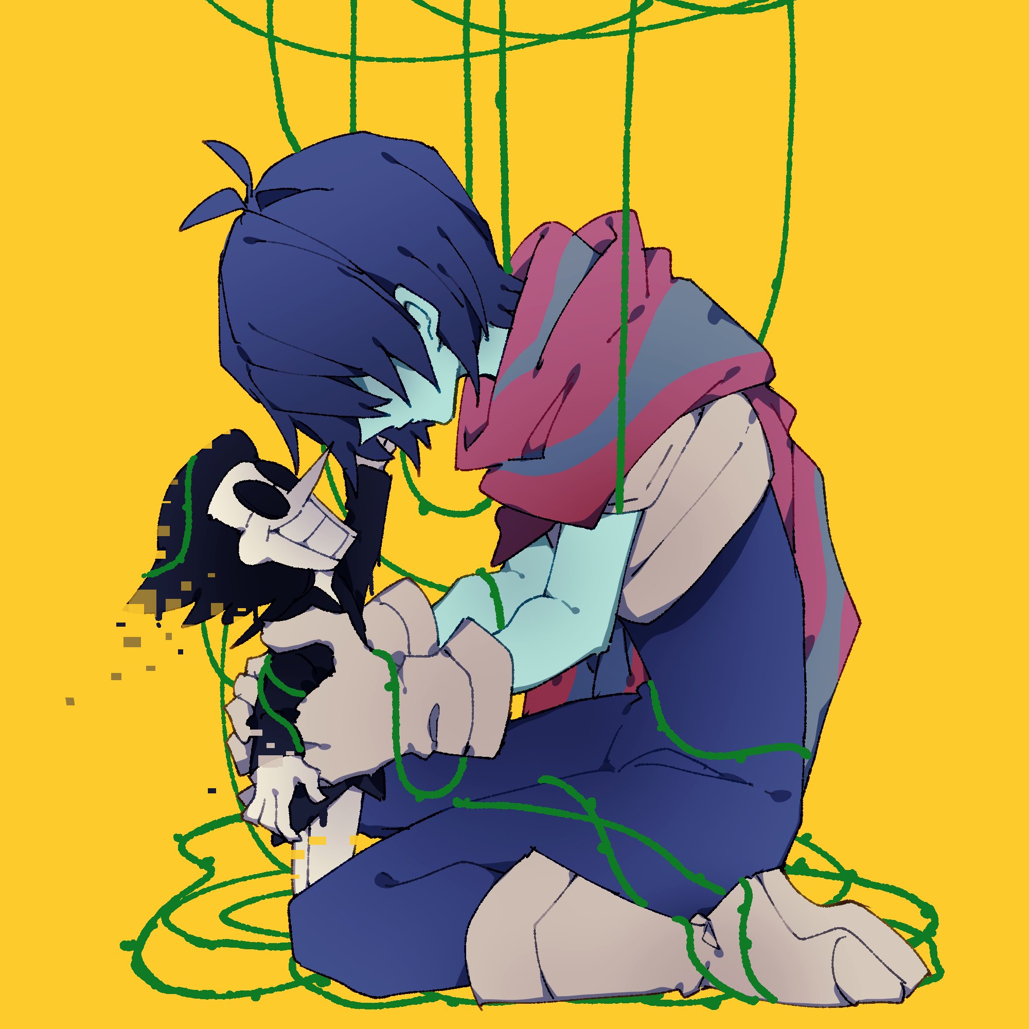 kris (dark world) (deltarune), kris (deltarune), spamton g. spamton, deltarune, utdr (toby fox), highres, 1boy, 1other, 2525nicc, armor, black hair, black shirt, blue bodysuit, blue hair, blue skin, bodysuit, boots, colored skin, full body, gloves, long nose, pants, plant, pointy nose, reaching, reaching towards another, round eyewear, shirt, short hair, size difference, teeth, two-tone cape, vines, white boots, white gloves, white pants, white skin, yellow background
