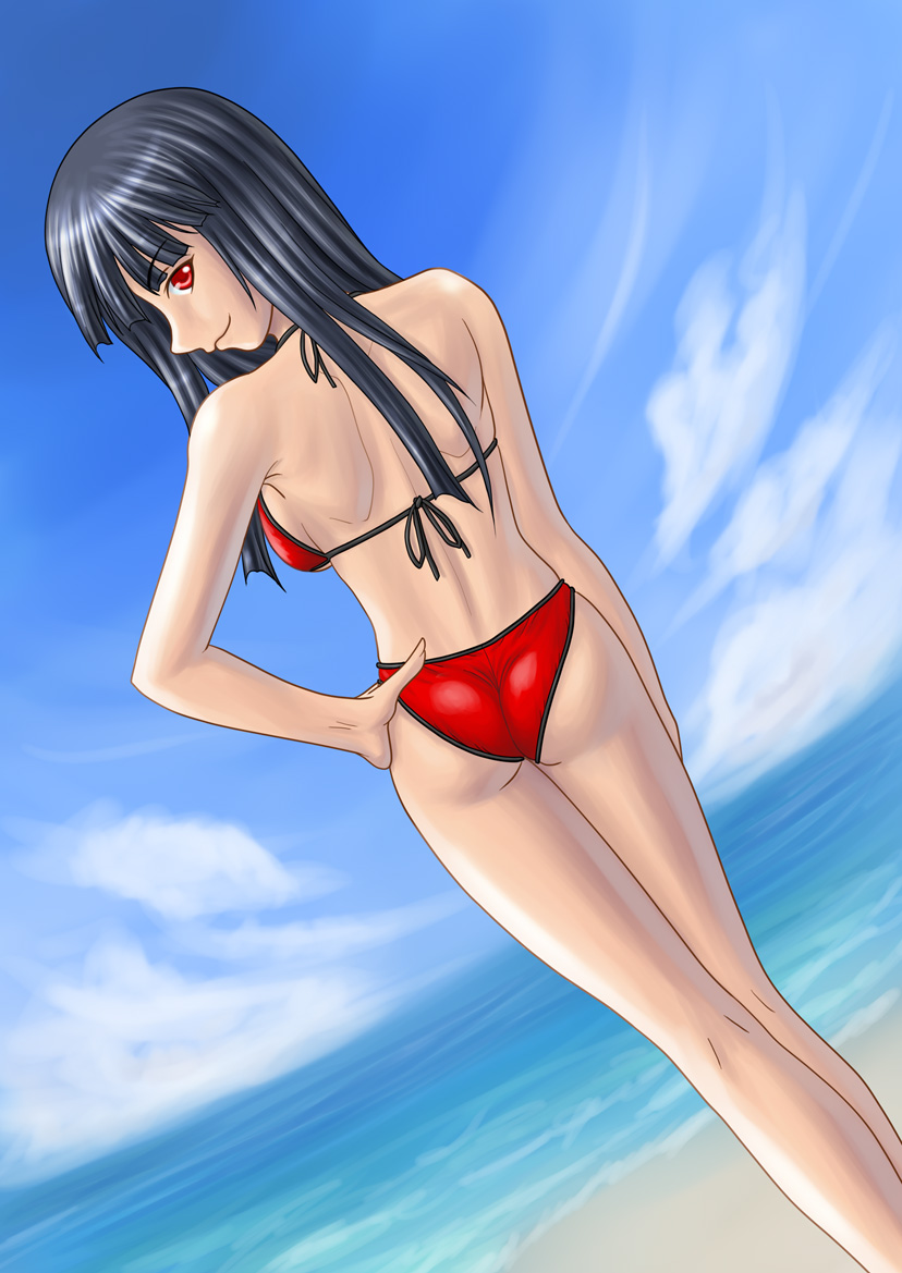 210ten, ten (pixiv192340), lucifer (umineko), umineko no naku koro ni, 00s, 1girl, ass, beach, bikini, black hair, cloud, day, female focus, long hair, looking back, outdoors, red bikini, red eyes, sky, solo, swimsuit