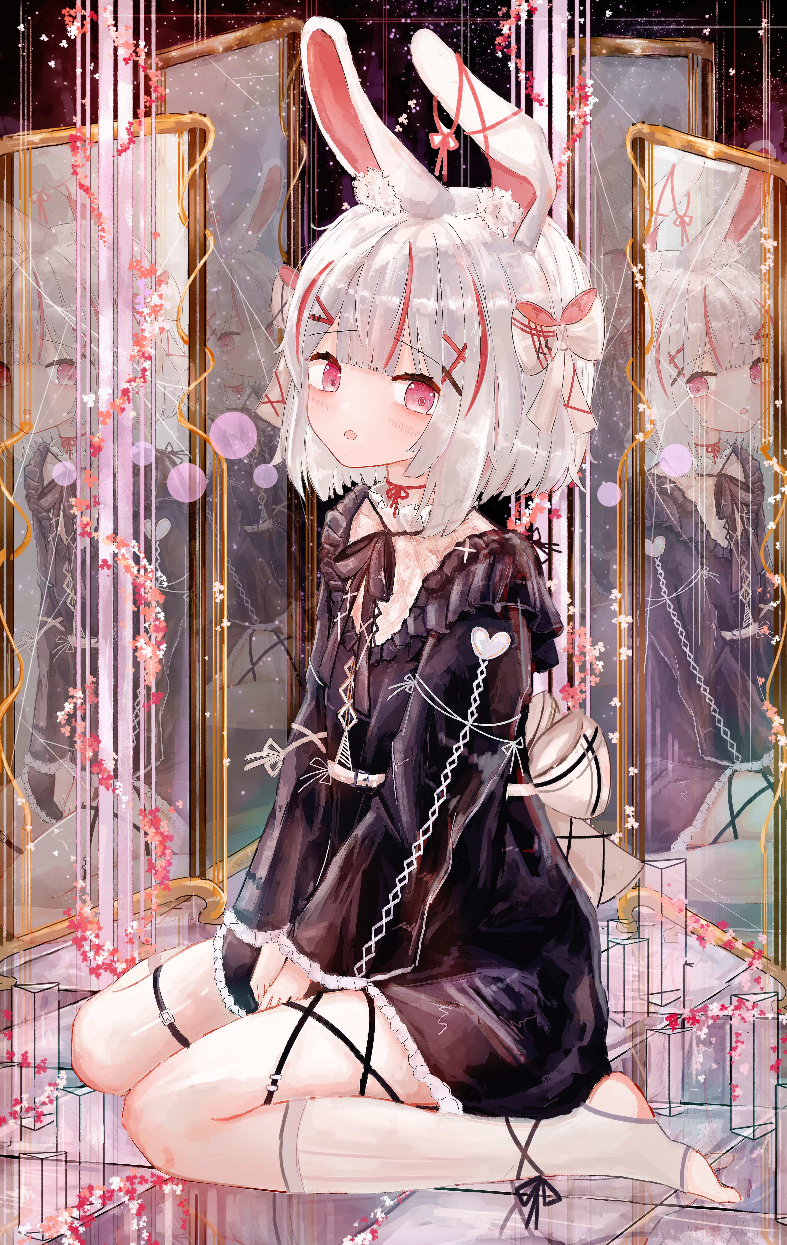 aiu ., original, absurdres, commentary, english commentary, highres, 1girl, animal ears, black dress, dress, full body, grey hair, hair ornament, long sleeves, mirror, multicolored hair, open mouth, pink eyes, rabbit ears, rabbit girl, red hair, reflection, ribbon, short hair, sitting, socks, solo, stirrup legwear, streaked hair, toeless legwear, wariza, white socks, x hair ornament