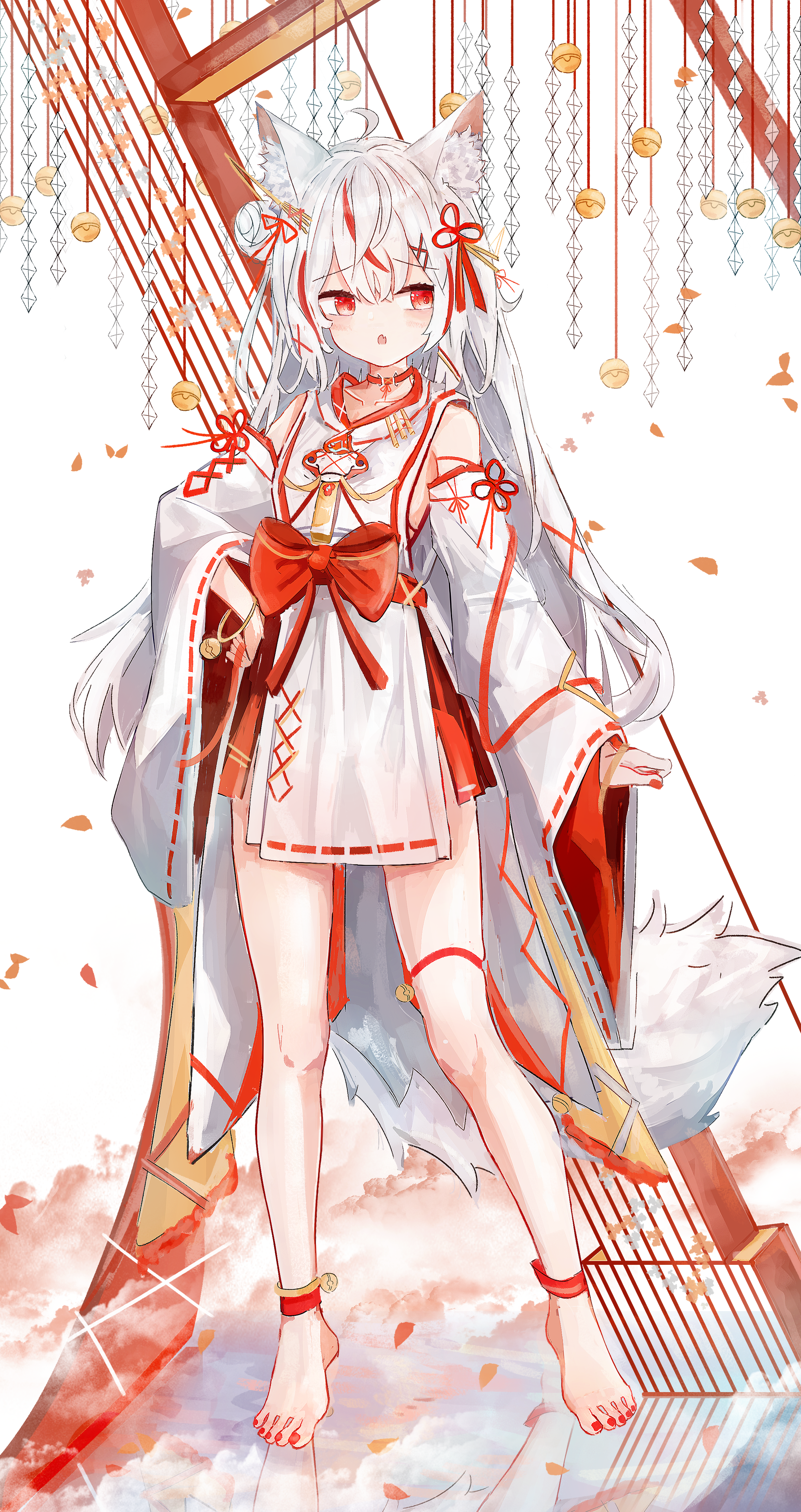 aiu ., original, absurdres, commentary, english commentary, highres, 1girl, animal ear fluff, animal ears, barefoot, breasts, collarbone, detached sleeves, fox ears, fox girl, fox tail, full body, hair bun, hair ornament, japanese clothes, long hair, long sleeves, multicolored hair, nail polish, open mouth, red eyes, red hair, red nails, single side bun, small breasts, solo, standing, streaked hair, tail, tassel, tassel hair ornament, toenail polish, toenails, white hair, white sleeves, wide sleeves