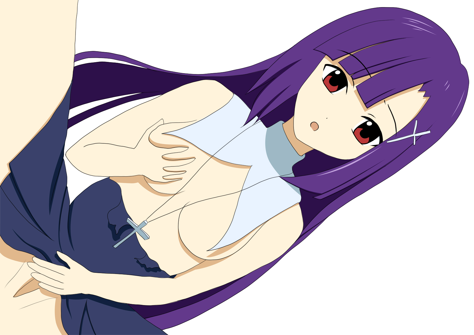 kuresu (alice-pma), zange, kannagi, bad id, bad pixiv id, highres, 00s, 1girl, bad anatomy, breasts, clothes lift, female focus, grabbing another's breast, groping, medium breasts, poorly drawn, skirt, skirt lift, solo