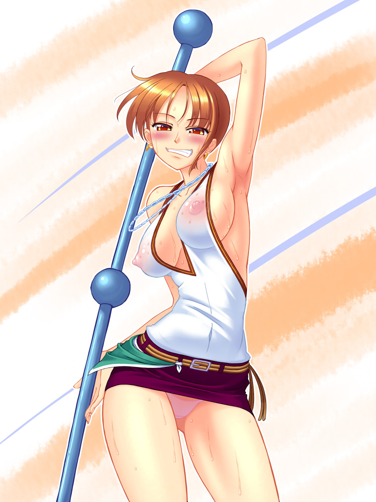 hanazuka ryouji, nami (one piece), nami (one piece) (thriller bark), one piece, 1girl, armpits, blouse, blush, breasts, brown hair, clima-tact, covered erect nipples, female focus, halterneck, jewelry, large breasts, microskirt, miniskirt, necklace, nipples, panties, pantyshot, parted bangs, pink panties, see-through clothes, shirt, skirt, sleeveless, sleeveless shirt, solo, underwear, wet, white shirt