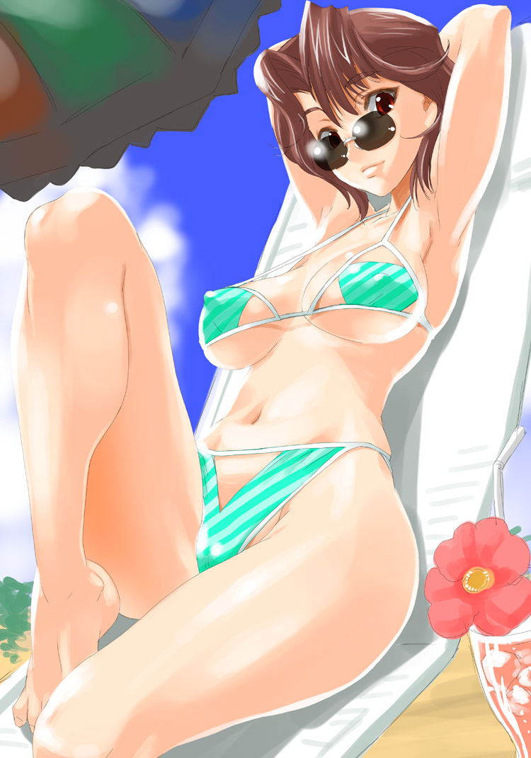 shinama, muv-luv, 1girl, armpits, arms up, barefoot, beach, bikini, breasts, brown hair, covered erect nipples, day, feet, female focus, green bikini, halterneck, medium breasts, navel, outdoors, red eyes, round eyewear, short hair, sitting, smile, solo, striped bikini, striped clothes, sunglasses, swimsuit, underboob