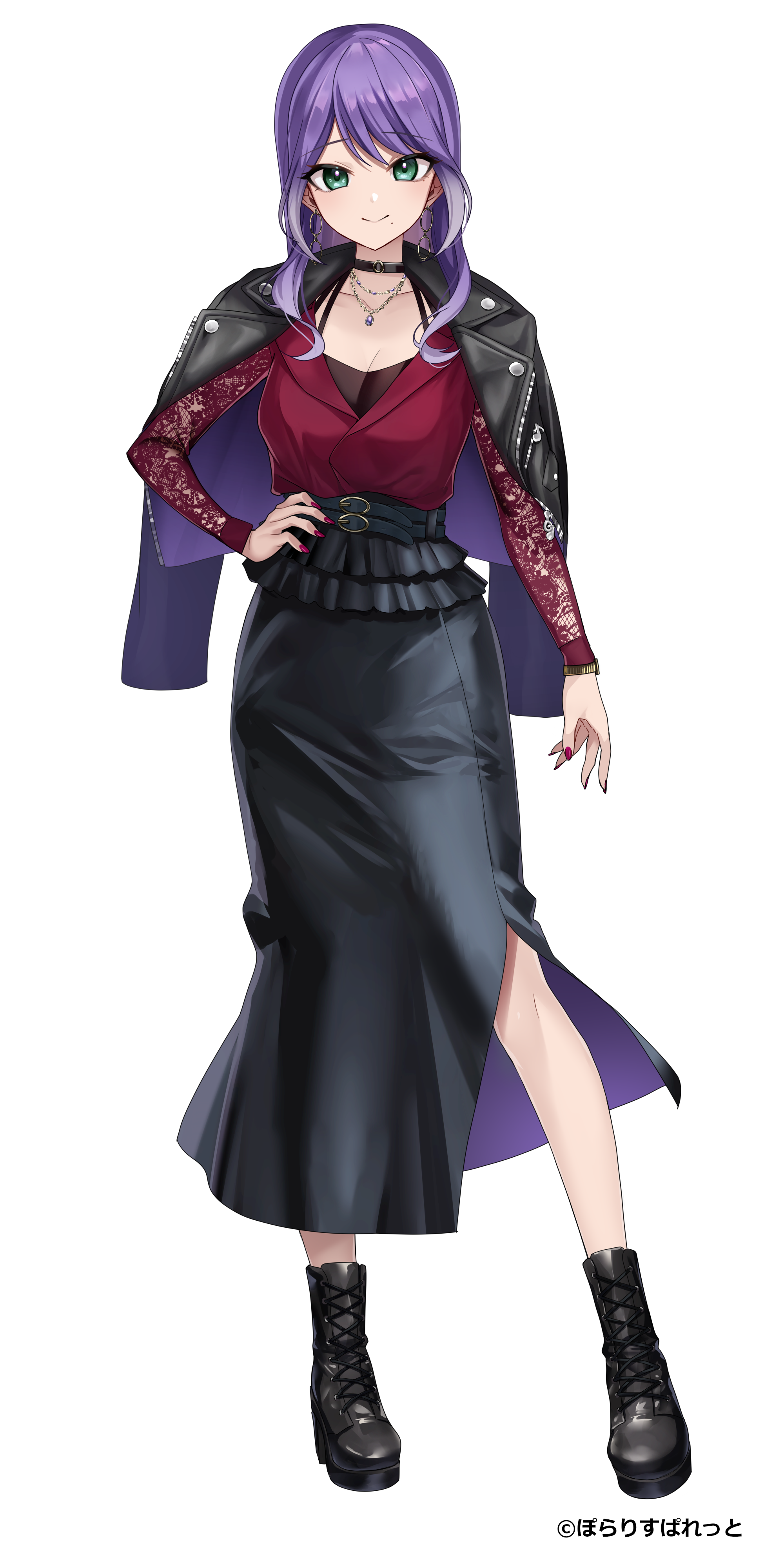 derori, absurdres, commentary request, copyright request, highres, official art, 1girl, belt, belt buckle, black belt, black boots, black choker, black jacket, black skirt, boots, breasts, buckle, choker, cleavage, closed mouth, collarbone, full body, green eyes, hand on own hip, jacket, jacket on shoulders, jewelry, lace-up boots, looking at viewer, medium breasts, nail polish, pendant, purple hair, purple nails, red jacket, simple background, skirt, smile, solo, standing, virtual youtuber, white background