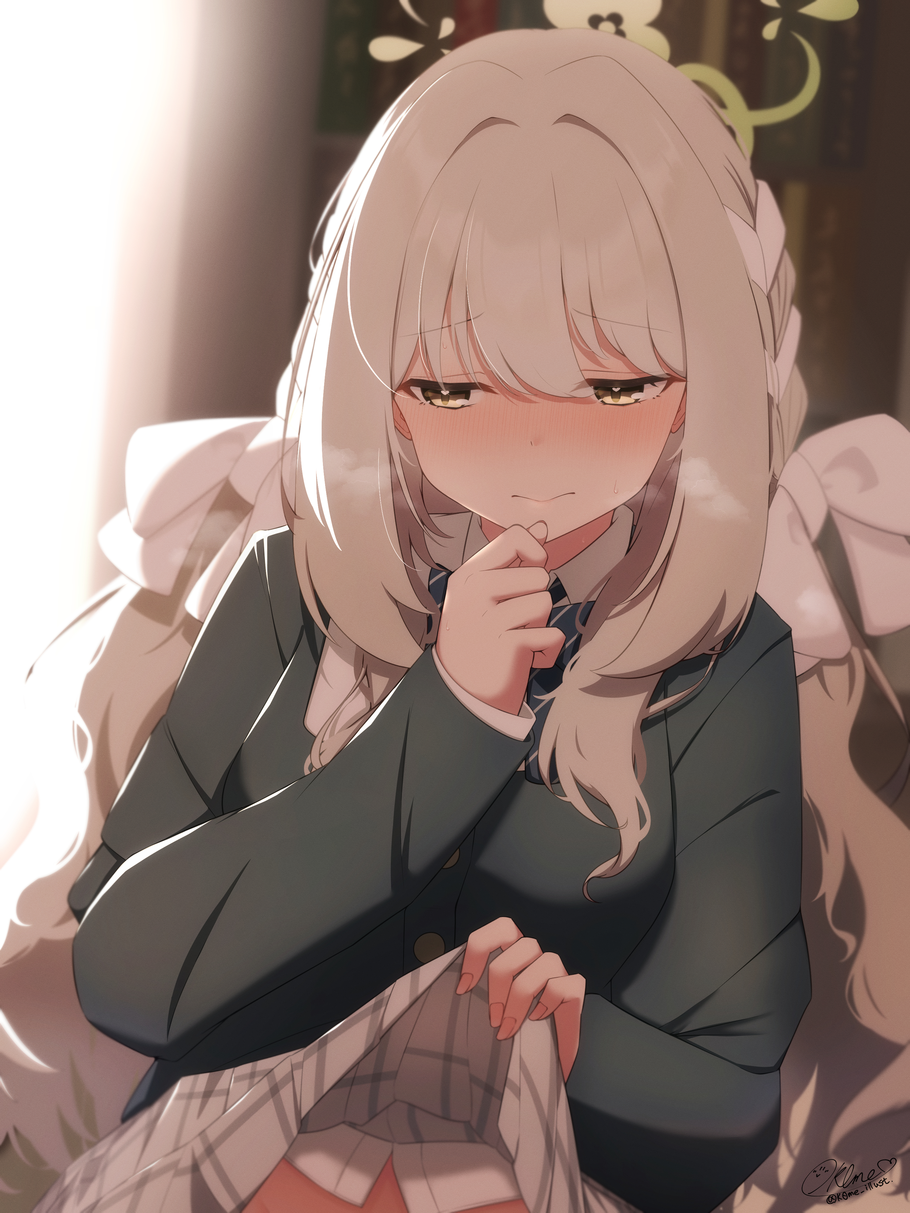 k0me, miyo (blue archive), blue archive, absurdres, highres, 1girl, blush, breasts, closed mouth, clothes lift, green halo, grey hair, halo, large breasts, lifting own clothes, long hair, skirt, skirt lift, solo