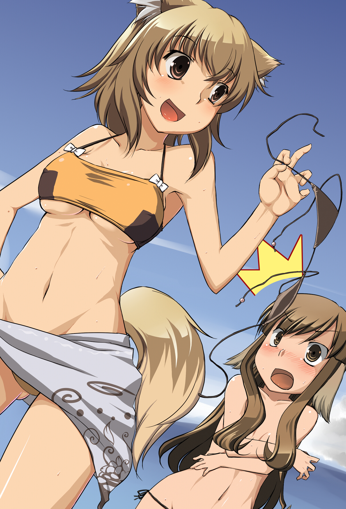 a-ru, aaru (tenrake chaya), highres, 2girls, animal ears, bikini, breasts, brown hair, flat chest, multiple girls, outdoors, short hair, sky, swimsuit, tail, underboob, undressing