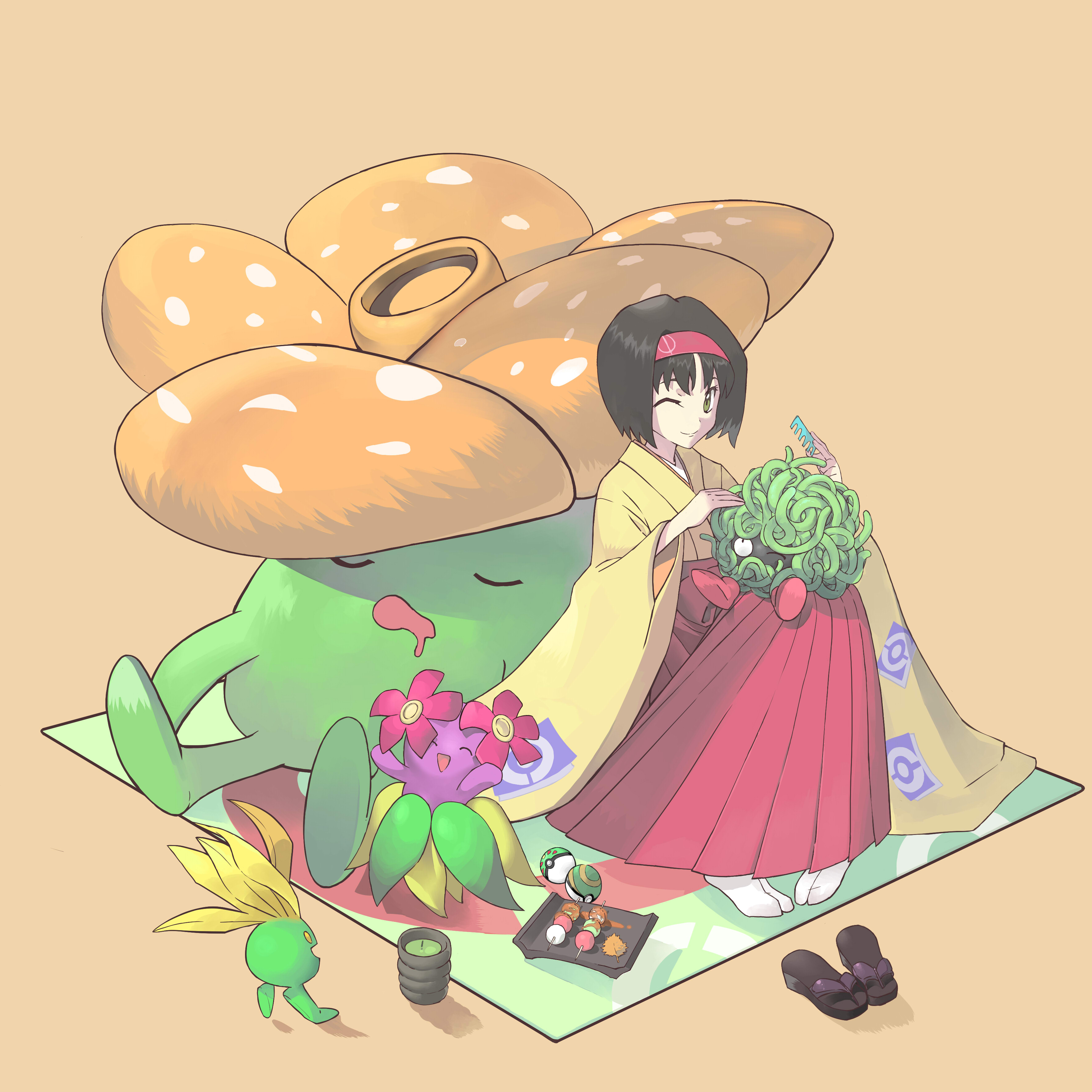 hiro (user negm3832), bellossom, erika (pokemon), oddish, tangela, vileplume, nintendo, pokemon, absurdres, highres, 1girl, :d, alternate color, black hair, brown background, comb, cup, dango, food, gen 1 pokemon, gen 2 pokemon, hairband, hakama, japanese clothes, kimono, one eye closed, open mouth, picnic blanket, pokemon (creature), red hairband, red hakama, shiny pokemon, shoes, short hair, sitting, smile, tabi, tea, unworn shoes, wagashi, yellow kimono, yunomi