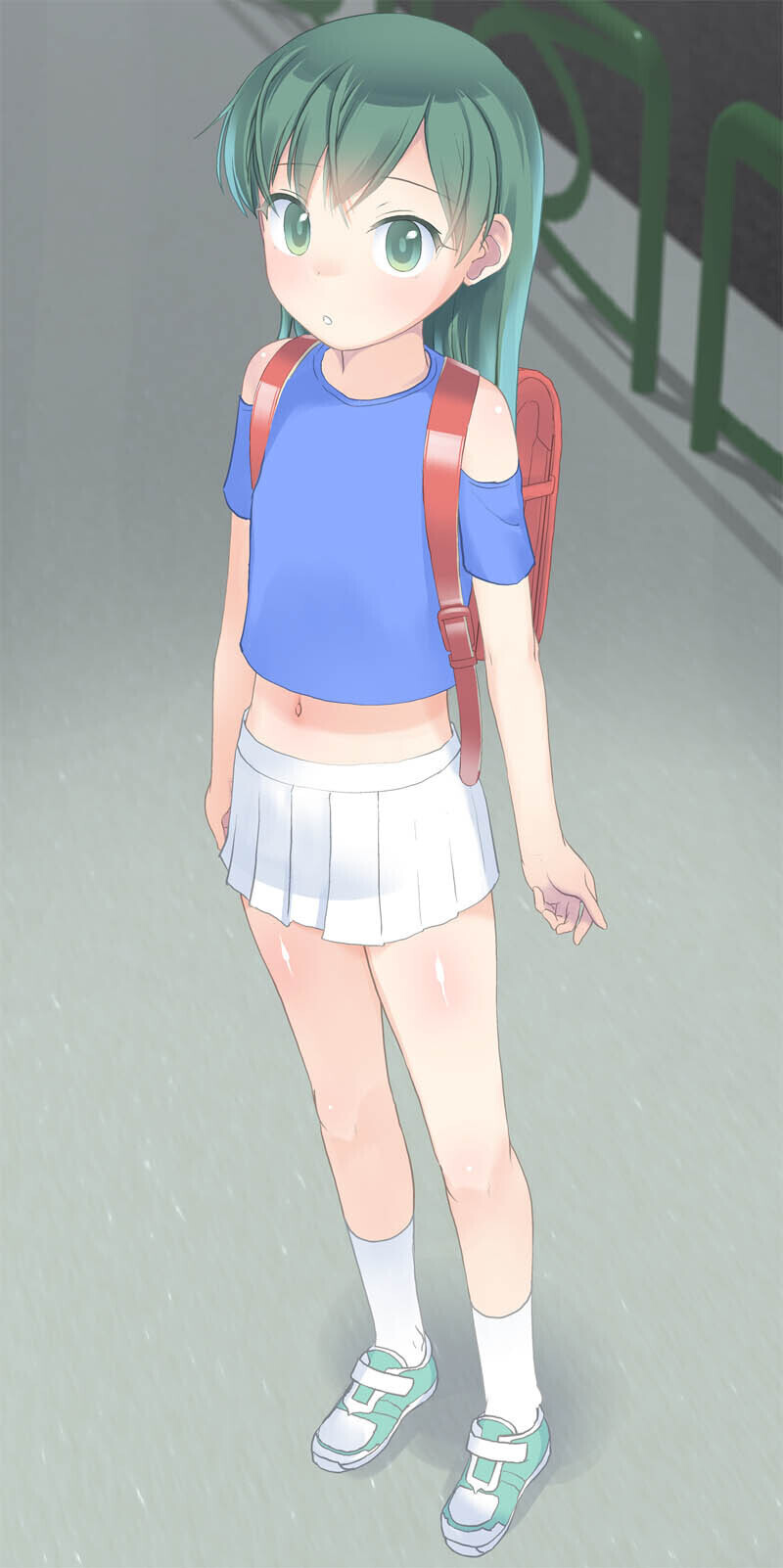 yone kinji, commentary request, highres, paid reward available, 1girl, backpack, bag, bare shoulders, blue shirt, green eyes, green hair, long hair, looking at viewer, navel, pleated skirt, randoseru, shirt, shoes, short sleeves, skirt, socks, solo, standing, white skirt, white socks