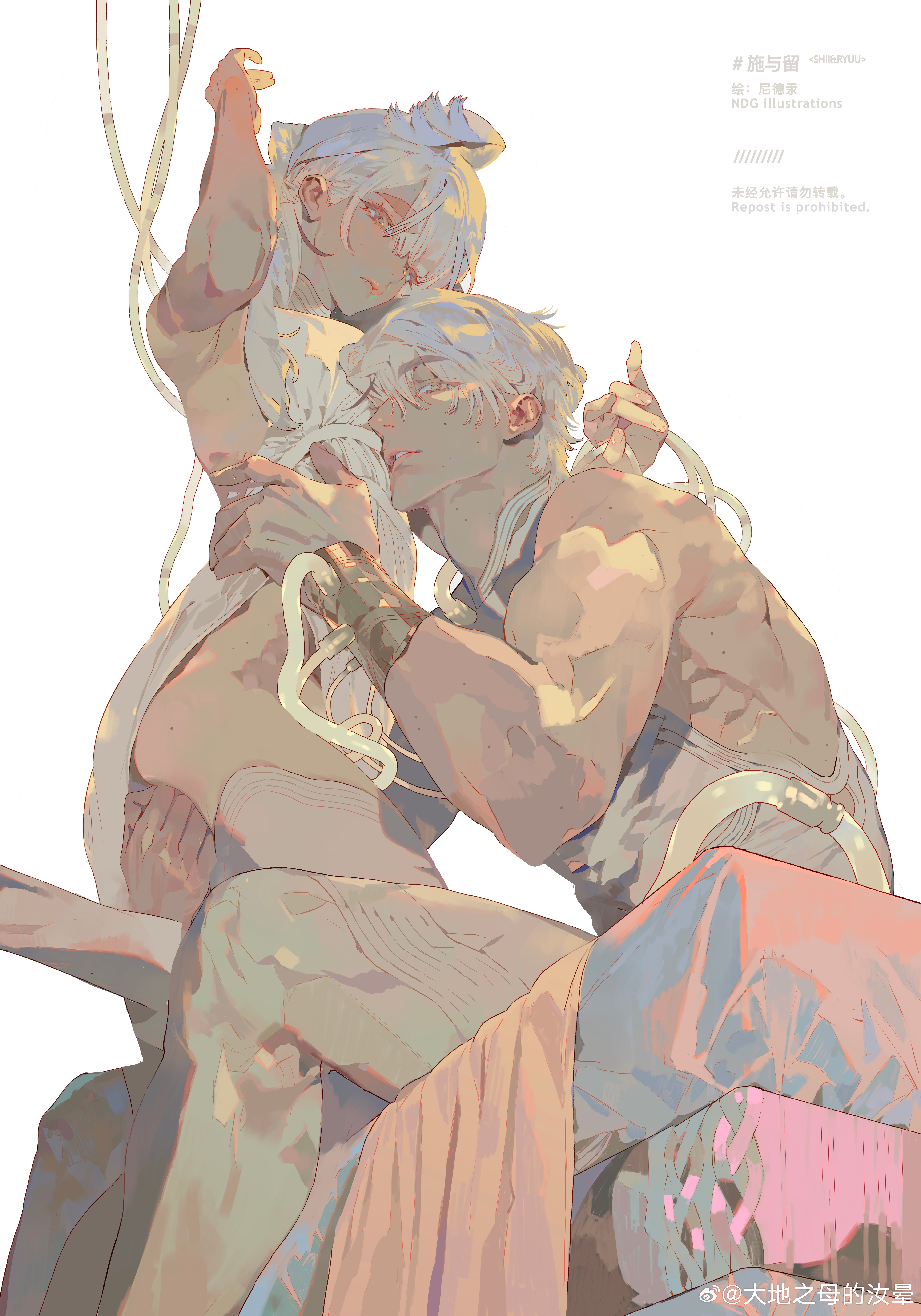 mgong520, original, absurdres, chinese commentary, commentary request, highres, 1boy, 1girl, arm up, armpits, artist name, dark-skinned female, dark-skinned male, dark skin, dress, face to breasts, from side, grey hair, hand on another's ass, hand on another's hip, hetero, mole, mole on cheek, mole on neck, mole on shoulder, muscular, muscular male, pale color, side slit, simple background, watermark, weibo watermark, white background, white dress