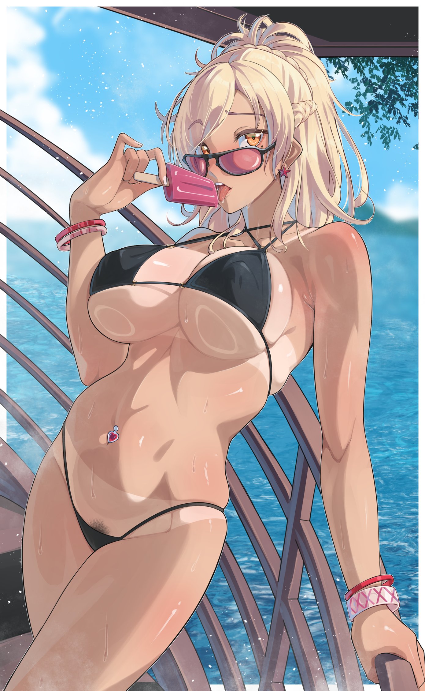 ozzyart 0221, hibiki (macqus), original, commentary, english commentary, highres, 1girl, bikini, bikini tan, black bikini, blonde hair, bracelet, covered erect nipples, earrings, female pubic hair, food, highleg, highleg bikini, jewelry, mole, mole under eye, navel piercing, ocean, orange eyes, piercing, ponytail, popsicle, pubic hair, pubic hair peek, solo, sunglasses, swimsuit, tan, tanline