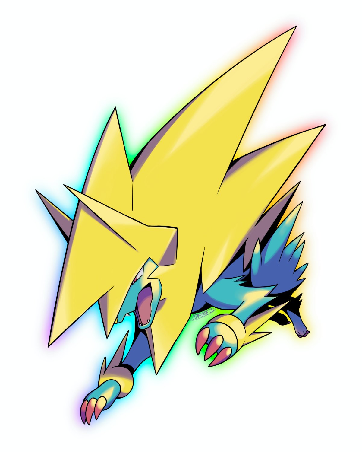 tomycase, manectric, mega manectric, nintendo, pokemon, highres, animal focus, fangs, full body, gen 3 pokemon, mega pokemon, no humans, open mouth, pokemon (creature), simple background, white background