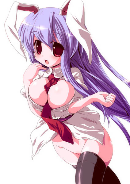 miuku (marine sapphire), reisen udongein inaba, touhou, 1girl, animal ears, between breasts, bottomless, breasts, female focus, huge breasts, long hair, necktie, no panties, purple hair, rabbit ears, red eyes, red necktie, solo, thighhighs