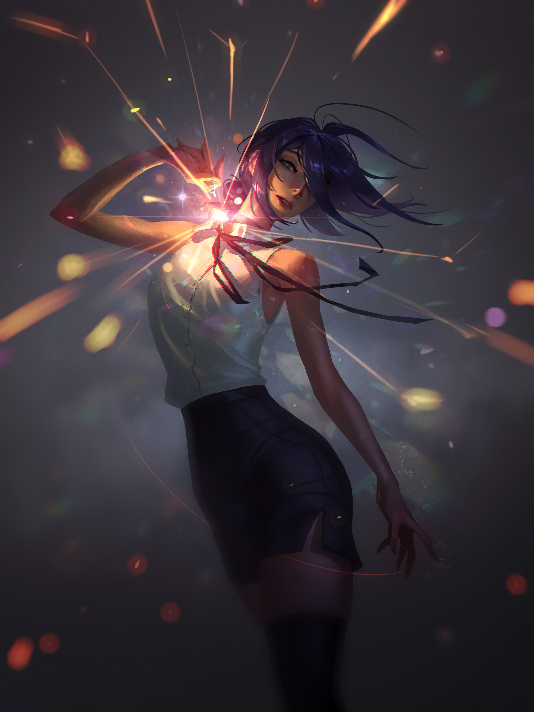 jiunn kuo, reze (chainsaw man), chainsaw man, absurdres, highres, 1girl, bare arms, bare shoulders, black choker, black ribbon, black skirt, black thighhighs, blurry border, choker, collared shirt, dark, dark background, explosion, feet out of frame, grey background, hair bun, hair over one eye, light particles, long bangs, looking at viewer, medium hair, motion lines, neck, parted lips, pencil skirt, pulling, purple hair, ribbon, shirt, simple background, skirt, sleeveless, sleeveless shirt, sparks, standing, thighhighs, thighs, white shirt