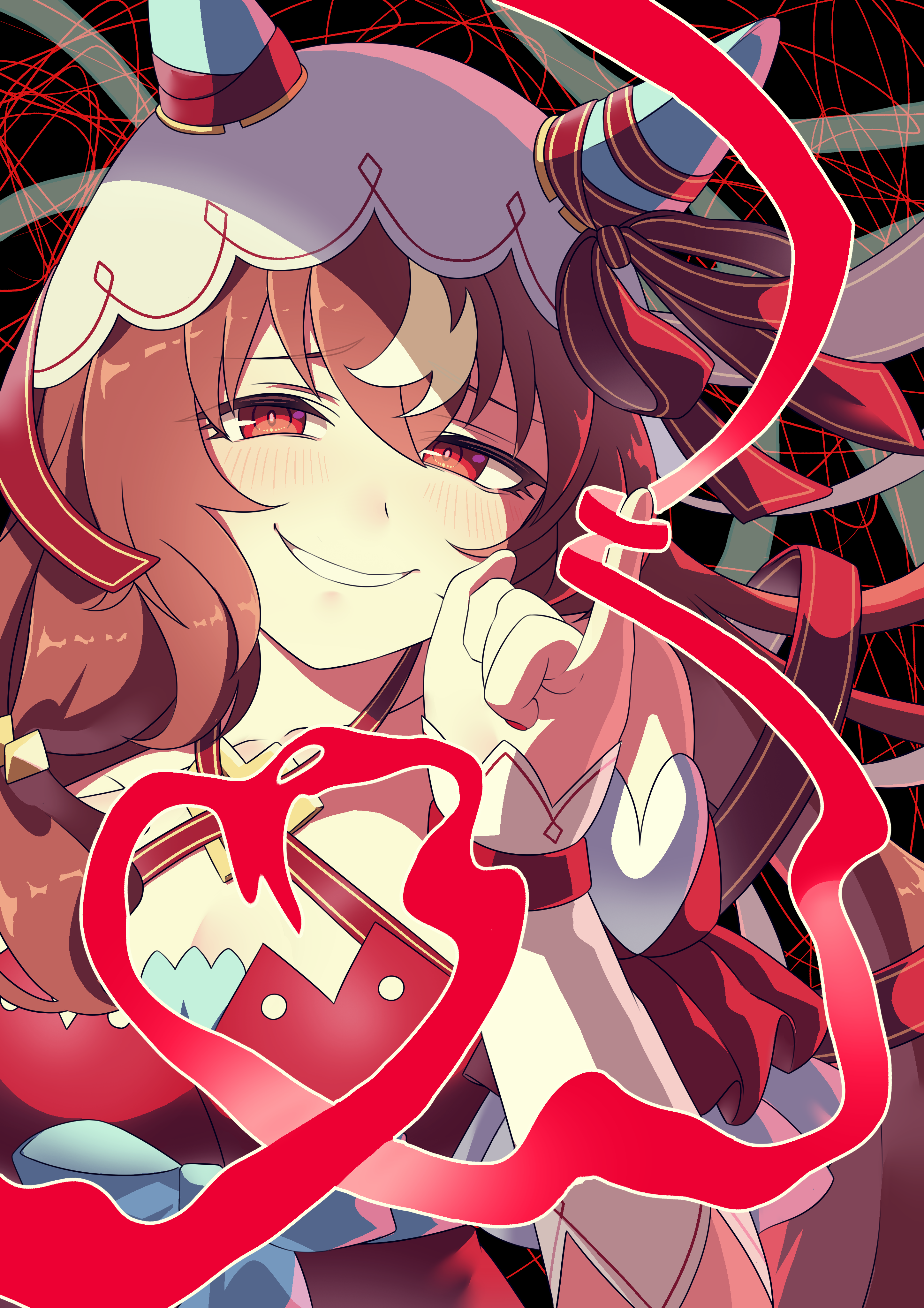 tawashi hechima, still in love (scarlet vow raiment) (umamusume), still in love (umamusume), umamusume, absurdres, commentary request, highres, 1girl, animal ears, brown eyes, ear covers, hair between eyes, horse ears, horse girl, long hair, looking at viewer, pinky out, red eyes, red ribbon, ribbon, smile, solo, string, string of fate, veil, white streaks, white veil