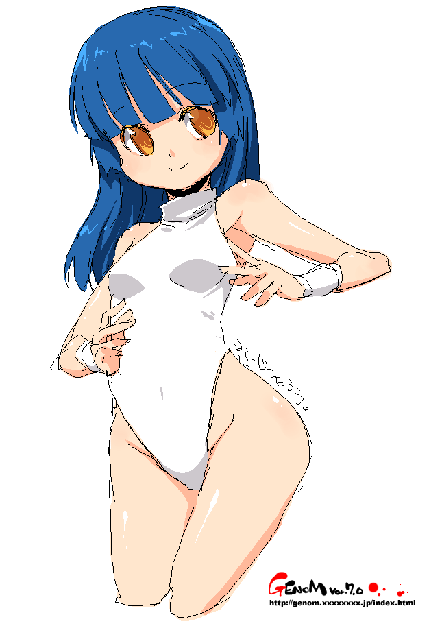 onija tarou, original, 1girl, bare shoulders, blue hair, blunt bangs, brown eyes, female focus, highleg, highleg one-piece swimsuit, long hair, oekaki, one-piece swimsuit, sleeveless, sleeveless turtleneck, solo, swimsuit, turtleneck, white one-piece swimsuit, wristband