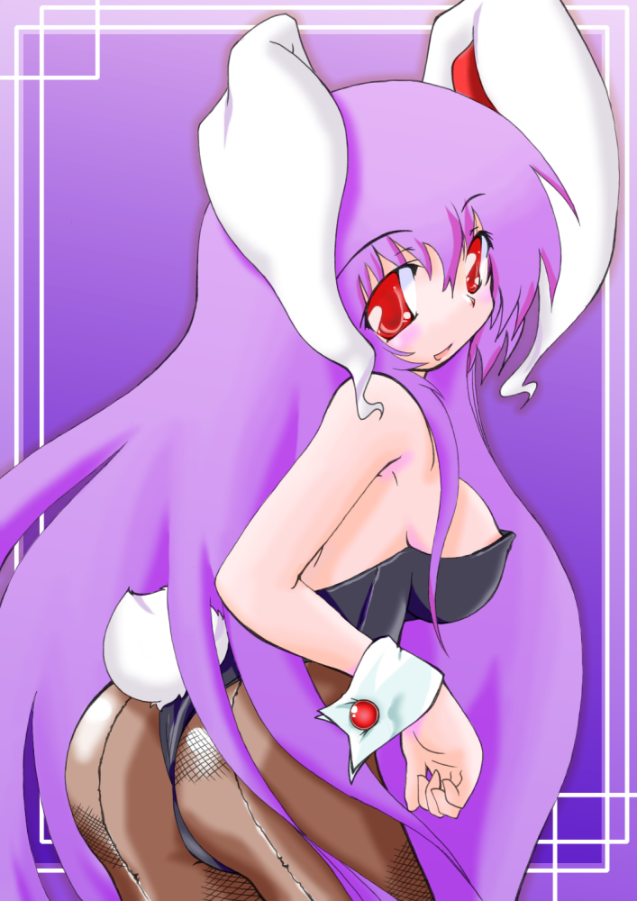 kitsune neko, kitsune neko (kon mao), reisen udongein inaba, touhou, 1girl, animal ears, ass, breasts, female focus, fishnet pantyhose, fishnets, gradient background, long hair, pantyhose, playboy bunny, purple hair, rabbit ears, red eyes, solo