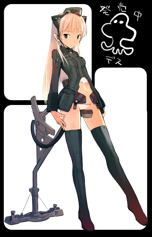 shimada fumikane, uniform, animal ears, blonde hair, hat, long hair, lowleg, lowleg panties, panties, solo, thighhighs, underwear