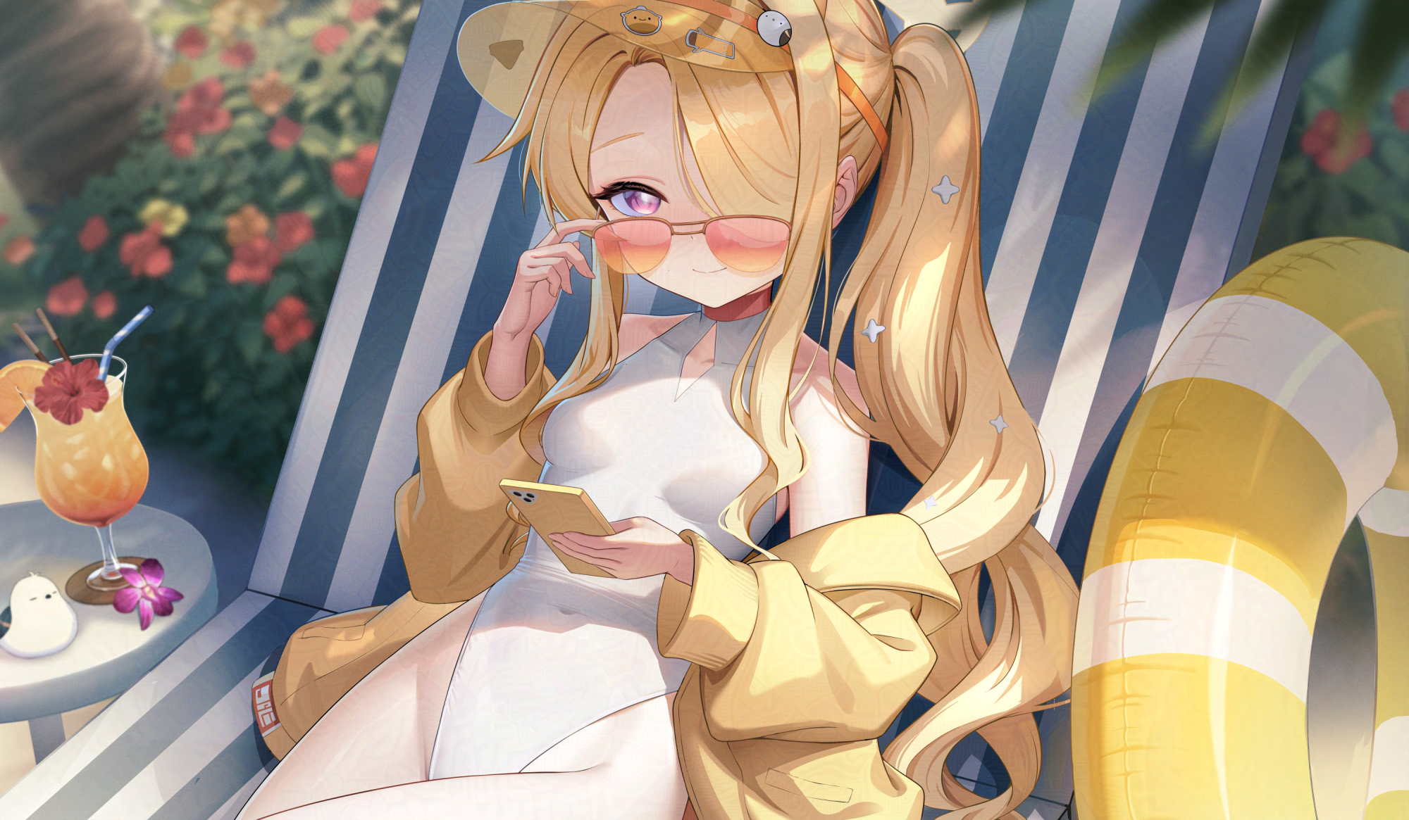 sion (9117), seia (blue archive), seia (swimsuit) (blue archive), blue archive, highres, 1girl, adjusting eyewear, animal ears, bare shoulders, blonde hair, blurry, blurry background, breasts, cellphone, chair, closed mouth, covered navel, drink, fox ears, fox girl, hair ornament, hair over one eye, hand on eyewear, highleg, highleg one-piece swimsuit, holding, holding phone, innertube, jacket, long hair, looking at viewer, lounge chair, off shoulder, official alternate costume, official alternate hairstyle, one-piece swimsuit, open clothes, open jacket, orange-tinted eyewear, outdoors, phone, purple eyes, side ponytail, sitting, small breasts, smartphone, smile, solo, sunglasses, swim ring, swimsuit, tinted eyewear, tropical drink, visor cap, white one-piece swimsuit, yellow jacket
