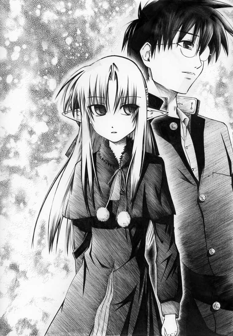 kohuseigetsu, len (tsukihime), tohno shiki, melty blood, tsukihime, type-moon, 00s, 1boy, 1girl, blush, dress, expressionless, glasses, greyscale, long sleeves, looking at viewer, monochrome, pointy ears, pom pom (clothes), rimless eyewear, shaded face, sidelocks