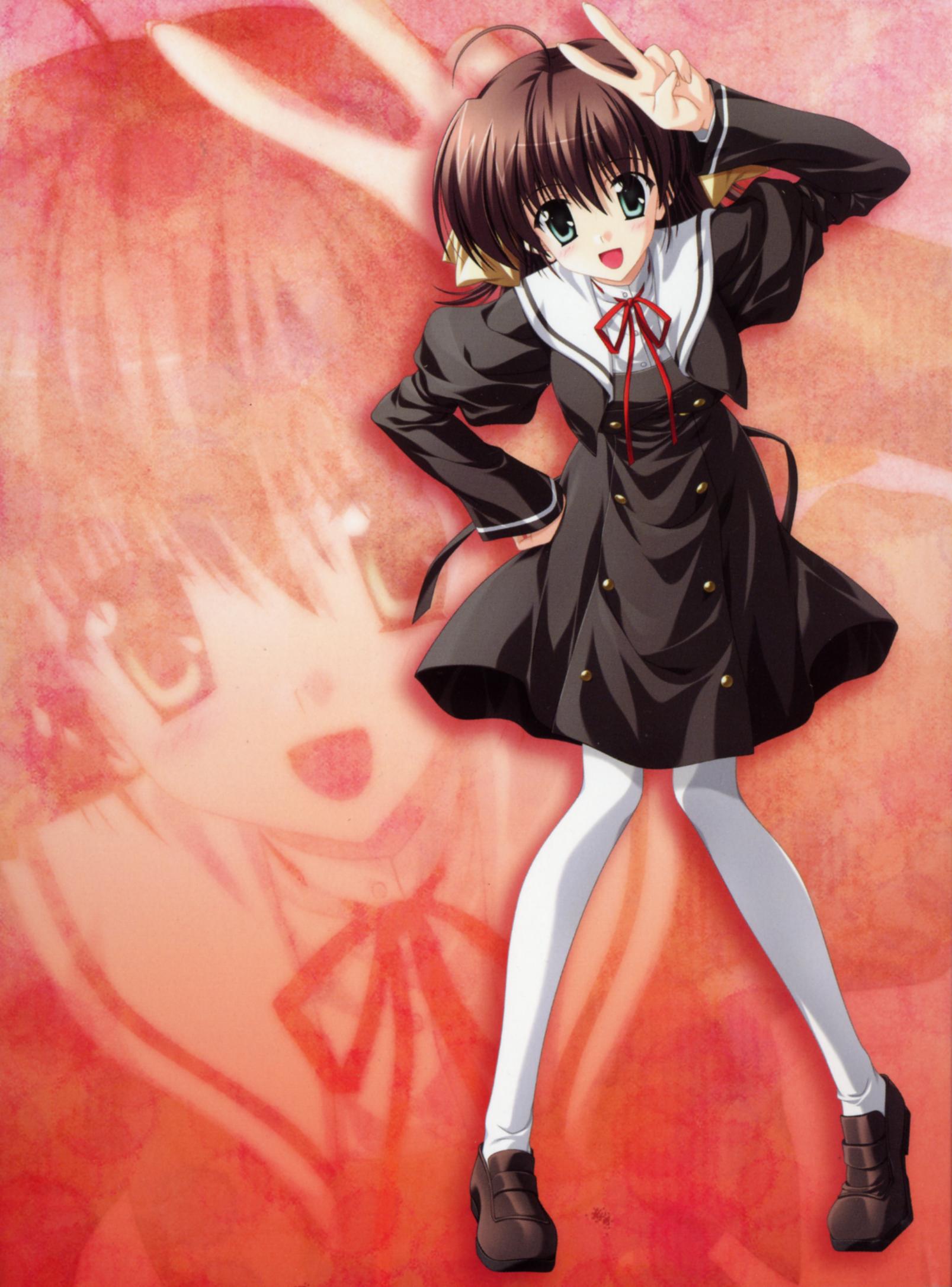 nanao naru, miyamura miyako, ef (visual novel), highres, scan, 00s, legs, pantyhose, school uniform, serafuku, solo, v