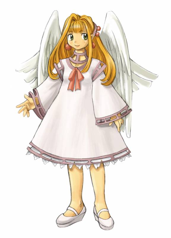 ryoji (nomura ryouji), cherie espoir, marl kingdom, nippon ichi, puppet princess (marl kingdom), 1girl, blonde hair, dress, earrings, female focus, green eyes, jewelry, solo, white background, white theme, wings
