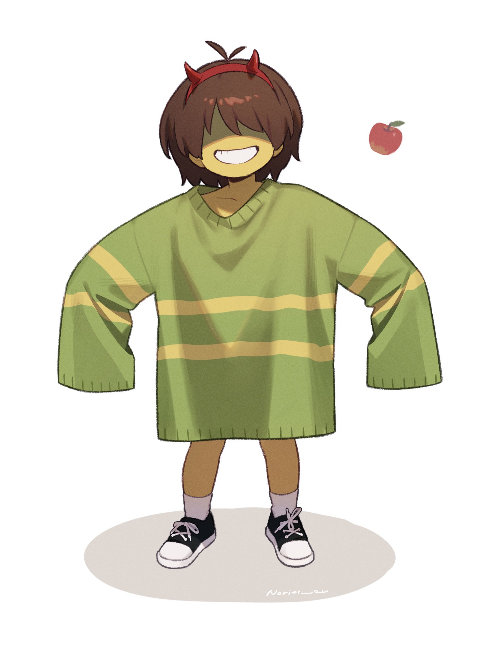 norichiizu, kris (deltarune), deltarune, utdr (toby fox), highres, 1other, apple, artist name, black shoes, brown hair, fake horns, food, fruit, full body, green sweater, hairband, horn hairband, horns, oversized clothes, oversized shirt, partially shaded face, red hairband, shadow, shirt, shoes, short hair, simple background, sleeves past fingers, sleeves past wrists, smile, socks, solo, standing, sweater, teeth, white background, white socks