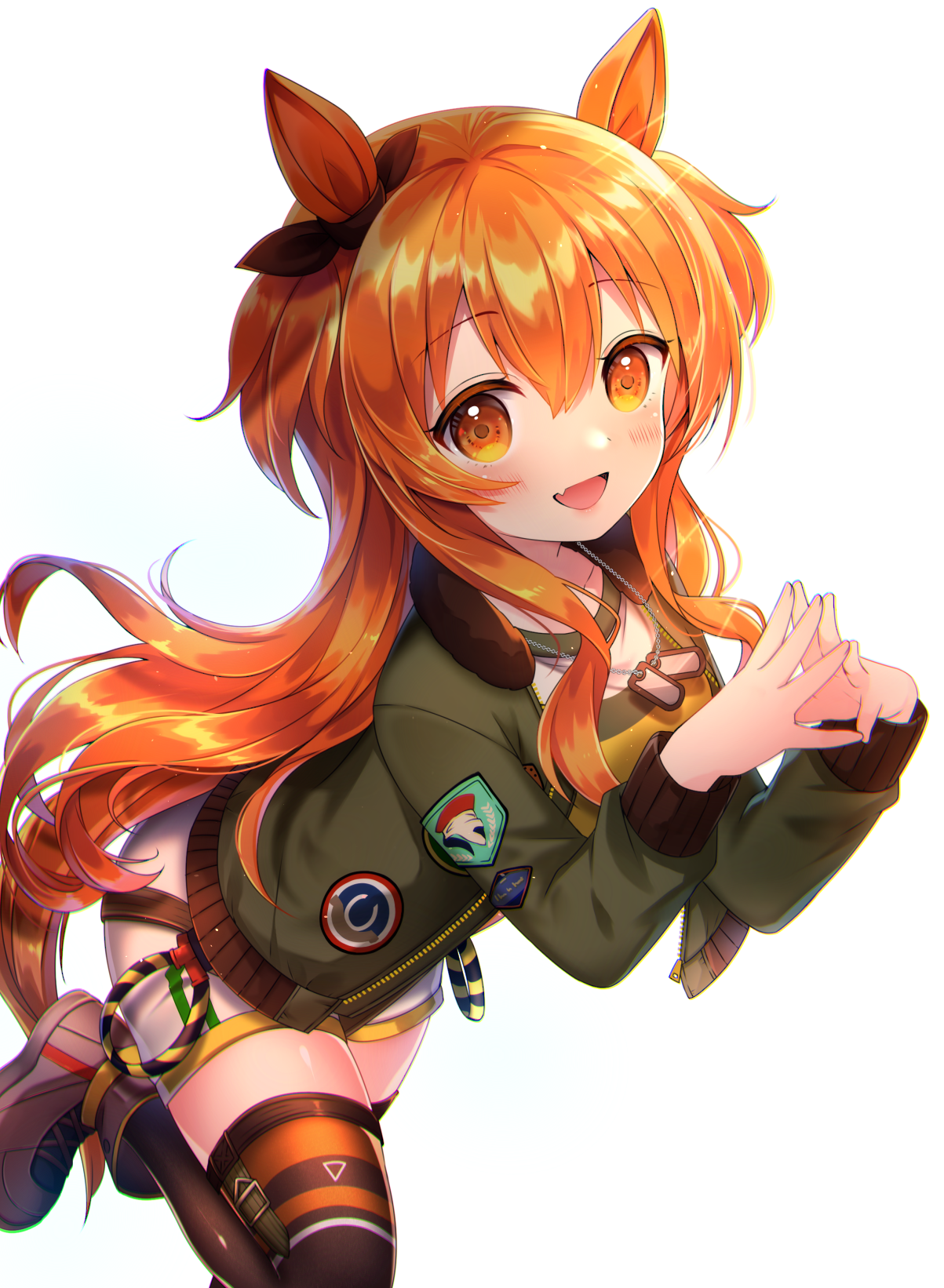 haruhitooo, mayano top gun (scramble zone) (umamusume), mayano top gun (umamusume), umamusume, commentary, highres, 1girl, :d, animal ears, black ribbon, black thighhighs, blush, boots, bow, breasts, brown boots, brown eyes, crop top, dog tags, ear ribbon, fang, green jacket, hair between eyes, hands up, horse ears, horse girl, horse tail, jacket, long hair, looking at viewer, open clothes, open jacket, open mouth, orange hair, ribbon, shirt, short shorts, shorts, simple background, small breasts, smile, solo, standing, standing on one leg, steepled fingers, tail, thighhighs, two side up, very long hair, white background, white shorts, yellow shirt