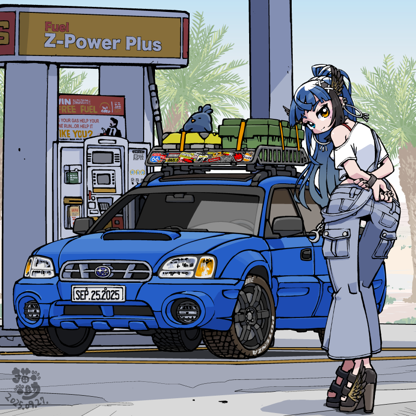 necosuke, isaa corva, indie virtual youtuber, subaru (brand), commission, vgen commission, 1girl, black boots, black hair, black nails, blue car, blue eyes, blue hair, boots, box, bra, bra strap, bracelet, breasts, car, chain, earrings, foglight, gas pump, gas station, hair ornament, head wings, heterochromia, high heel boots, high heels, hoop earrings, jewelry, license plate, looking at viewer, looking back, motor vehicle, multicolored hair, multiple earrings, nail polish, off-shoulder shirt, off shoulder, orange eyes, overalls, palm tree, pillar, pocket, red bra, shirt, signature, solo, sticker, storage container, stuffed toy, subaru baja, suspenders hanging, too many stickers, tree, underwear, white shirt, wings, x hair ornament