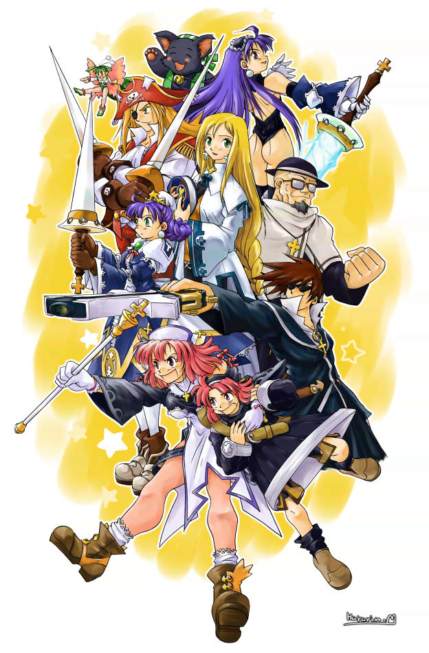 alouette (la pucelle), croix raoul, culotte, dark eclair, eclair (la pucelle), father salade, homard, mamelon, nyanko (marl kingdom), prier, yattanya, la pucelle, nippon ichi, 3boys, 6+girls, armor, armored dress, book, dress, glasses, gun, multiple boys, multiple girls, pantyhose, shoes, socks, sunglasses, sword, weapon, yellow background