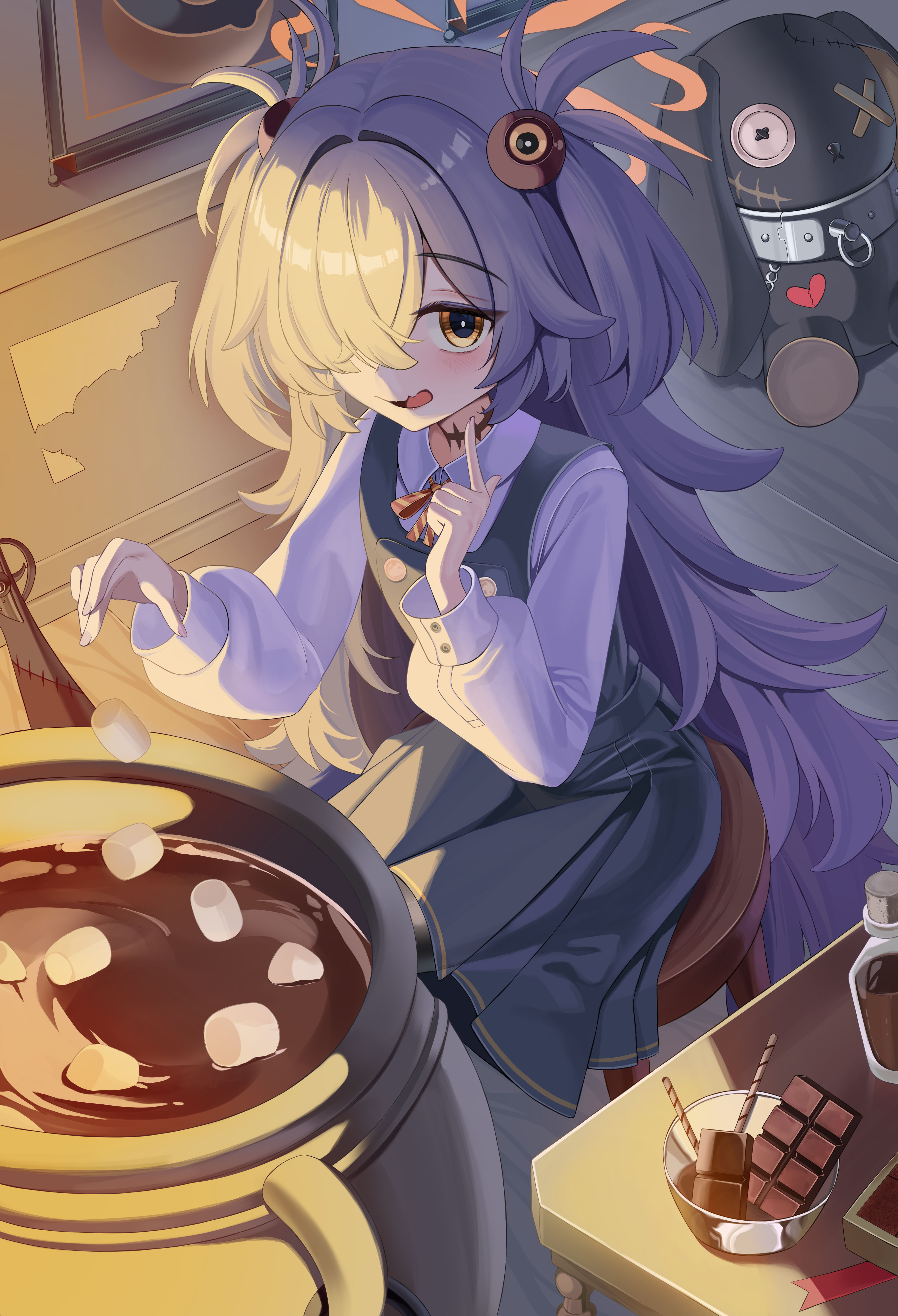 chanpower233, kanoe (blue archive), blue archive, absurdres, commentary, highres, 1girl, bags under eyes, black dress, cauldron, chocolate, collared shirt, dress, grey hair, hair over one eye, halo, long hair, long sleeves, open mouth, orange eyes, orange halo, pinafore dress, puffy long sleeves, puffy sleeves, shirt, sleeveless, sleeveless dress, solo, two side up, white shirt