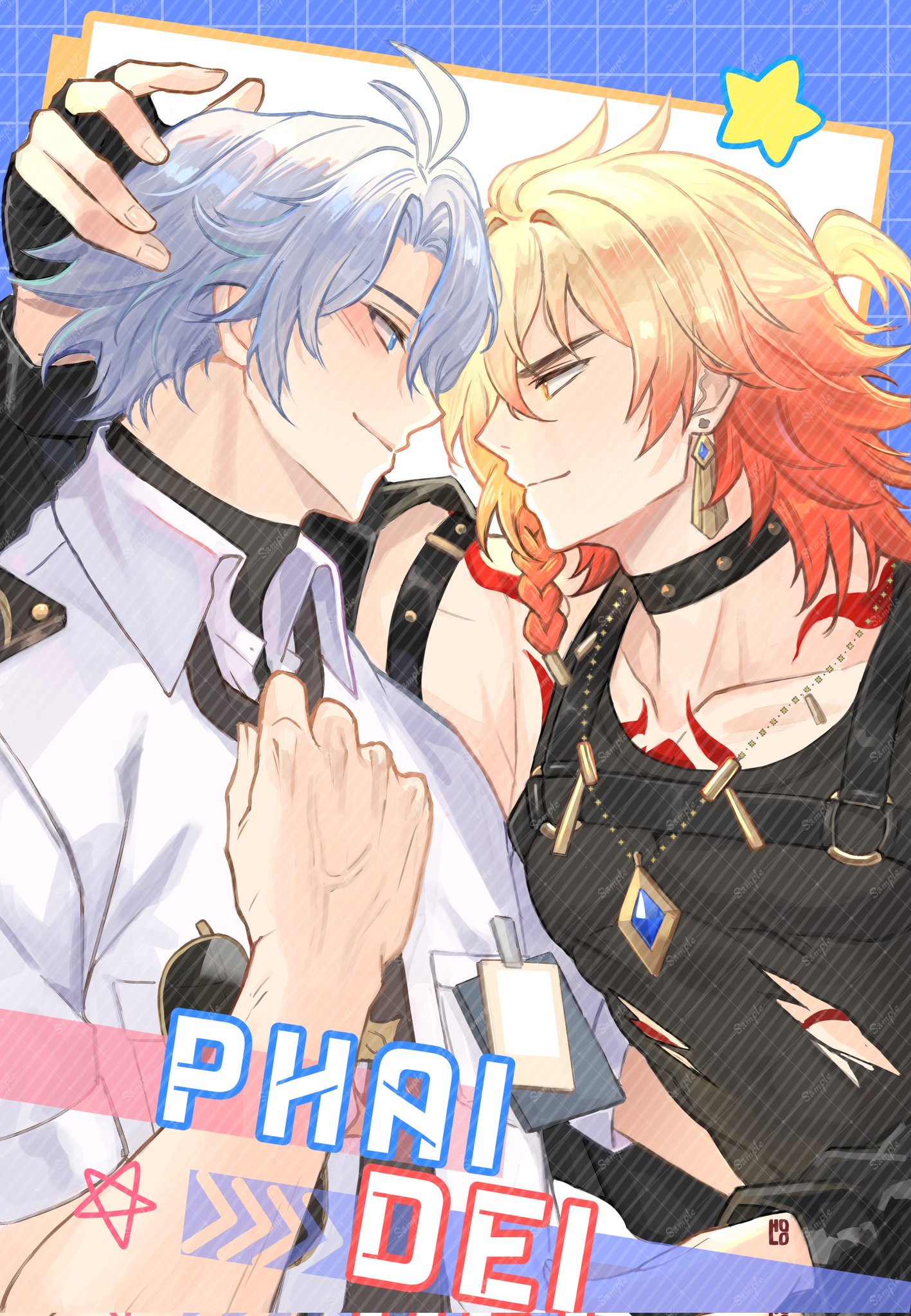 mydei (honkai: star rail), phainon (honkai: star rail), honkai: star rail, honkai (series), commentary, english commentary, highres, 2boys, antenna hair, arm tattoo, black necktie, black tank top, blonde hair, blue eyes, bow, braid, chest tattoo, coffin093, earrings, facial tattoo, gold earrings, gradient hair, grid background, jewelry, male focus, medium hair, multicolored hair, multiple boys, necktie, parted bangs, pilot uniform, red bow, short hair, short sleeves, side braid, tank top, tattoo, unworn eyewear, white hair, yaoi, yellow eyes