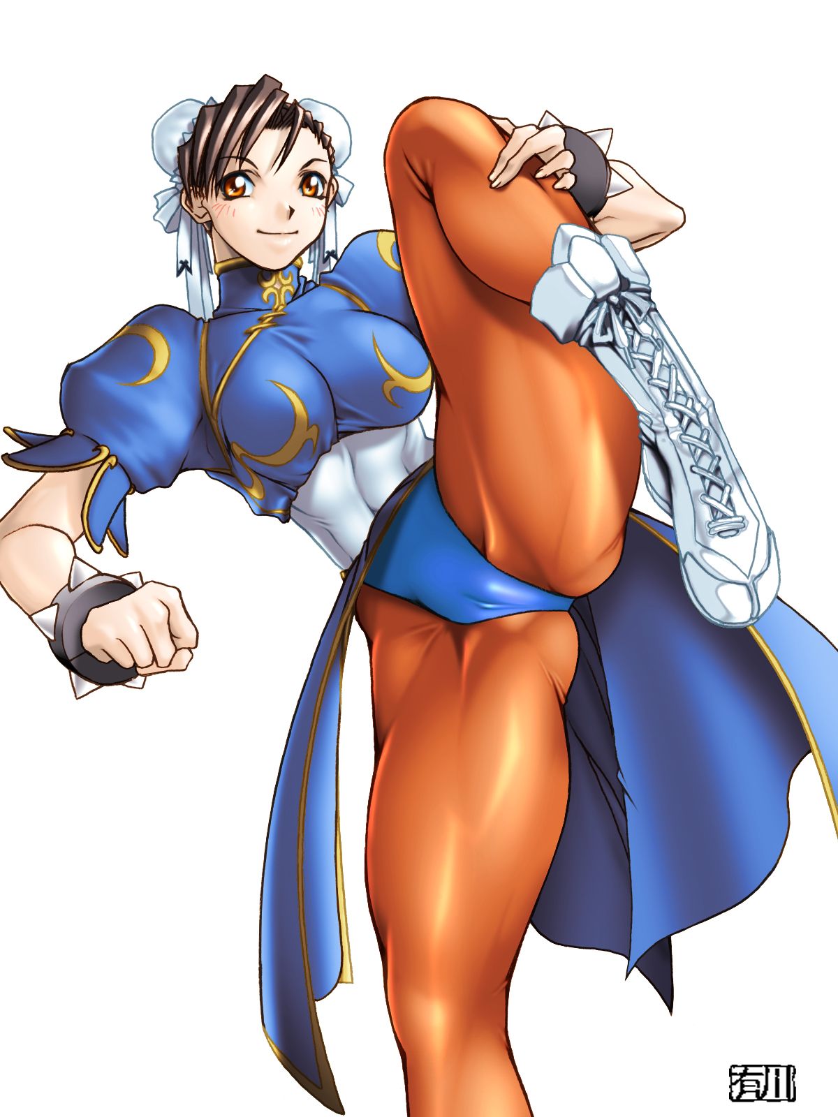 qkat (arikawa-dou), chun-li, capcom, street fighter, street fighter ii (series), street fighter iii (series), highres, 1990s (style), 1girl, boots, breasts, brown hair, bun cover, cameltoe, china dress, chinese clothes, crotch, double bun, dress, female focus, hair bun, huge breasts, knees, leg lift, long hair, muscular, muscular female, panties, pantyhose, pantyshot, pelvic curtain, red eyes, retro artstyle, sash, short hair, skin tight, solo, spread legs, thick thighs, thighs, toned, toned female, underwear