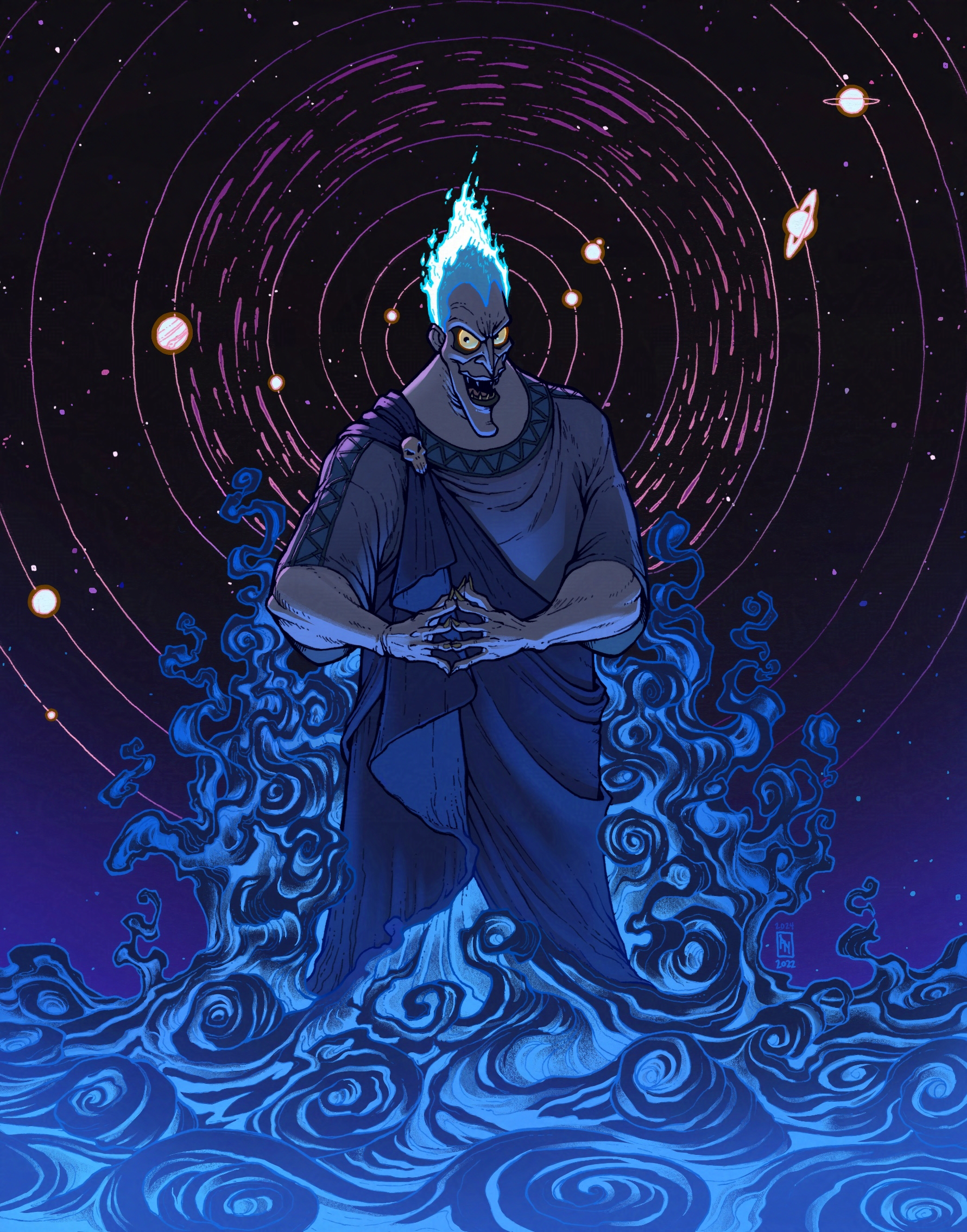 hades (disney), hercules (1997 movie), highres, procreate (medium), ancient greek clothes, blue eyes, blue hair, colored skin, evil grin, evil smile, fiery hair, fire, full body, greco-roman clothes, grin, looking at viewer, sharp teeth, short hair, simple background, smile, teeth, toon (style), yellow eyes, yumesprite