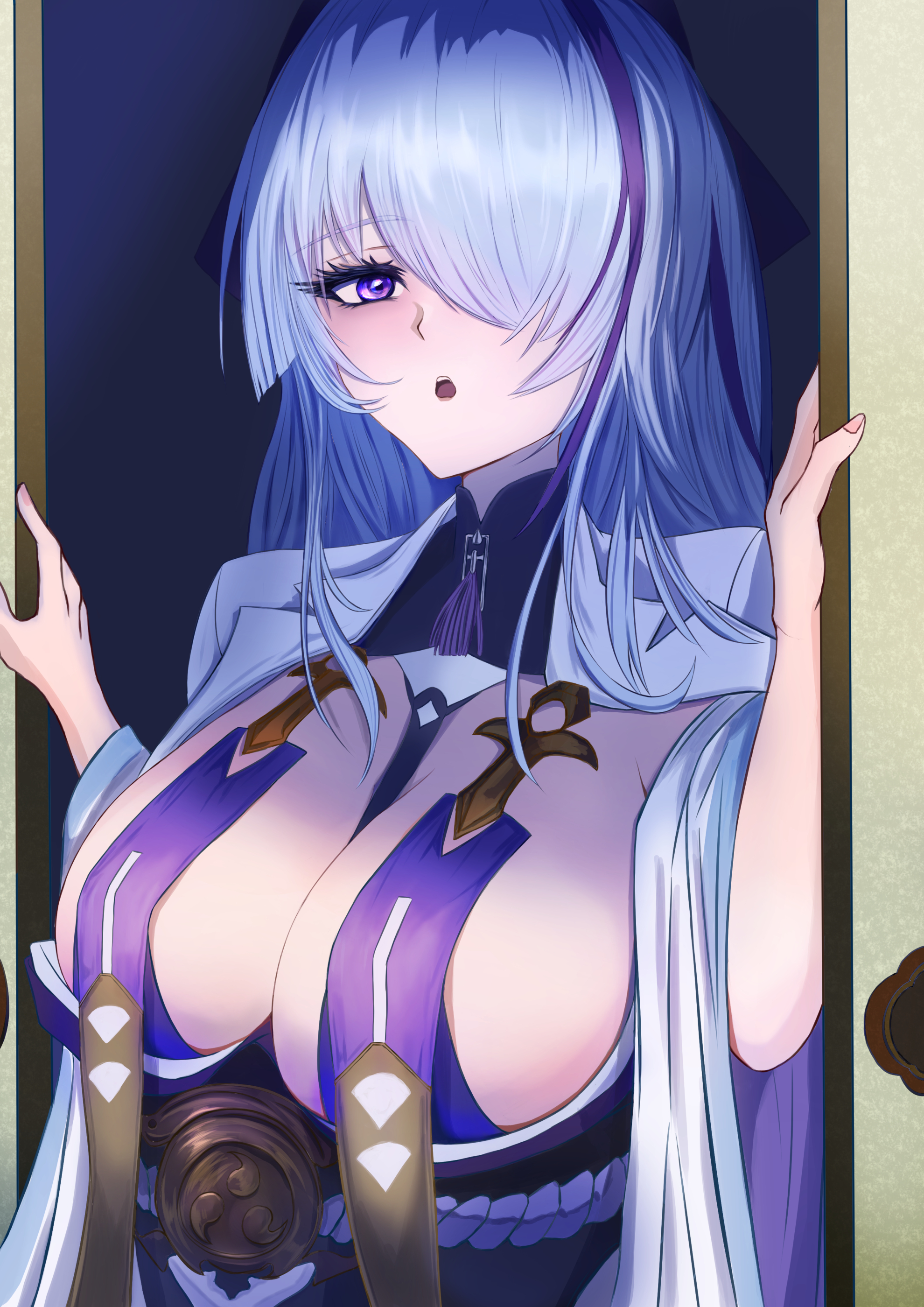 fuyuame5089, unzen (azur lane), azur lane, absurdres, commentary, highres, 1girl, breast curtains, breasts, center opening, grey hair, large breasts, long hair, looking at viewer, multicolored hair, purple eyes, purple streaks, solo, streaked hair, two-tone hair, upper body, very long hair
