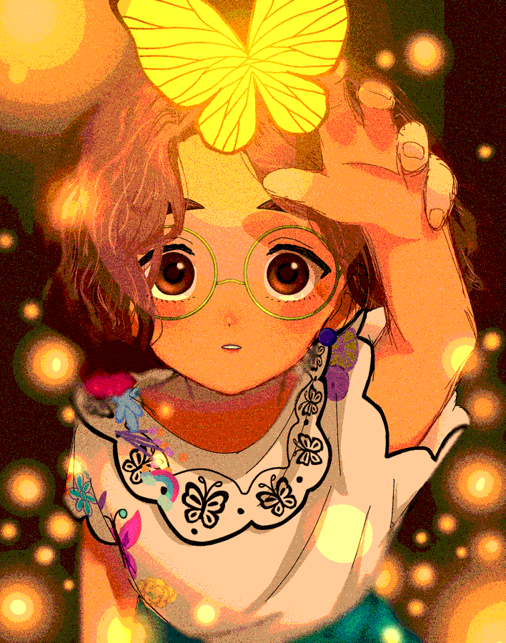 mirabel madrigal, encanto, 1girl, brown eyes, brown hair, bug, butterfly, colombian clothes, curly hair, dark-skinned female, dark skin, earrings, glasses, green-framed eyewear, hourglass print, insect, jewelry, pom pom (clothes), pom pom earrings, round eyewear, shirt, short hair, skirt, solo, thick eyebrows, user efwz2785, yellow butterfly