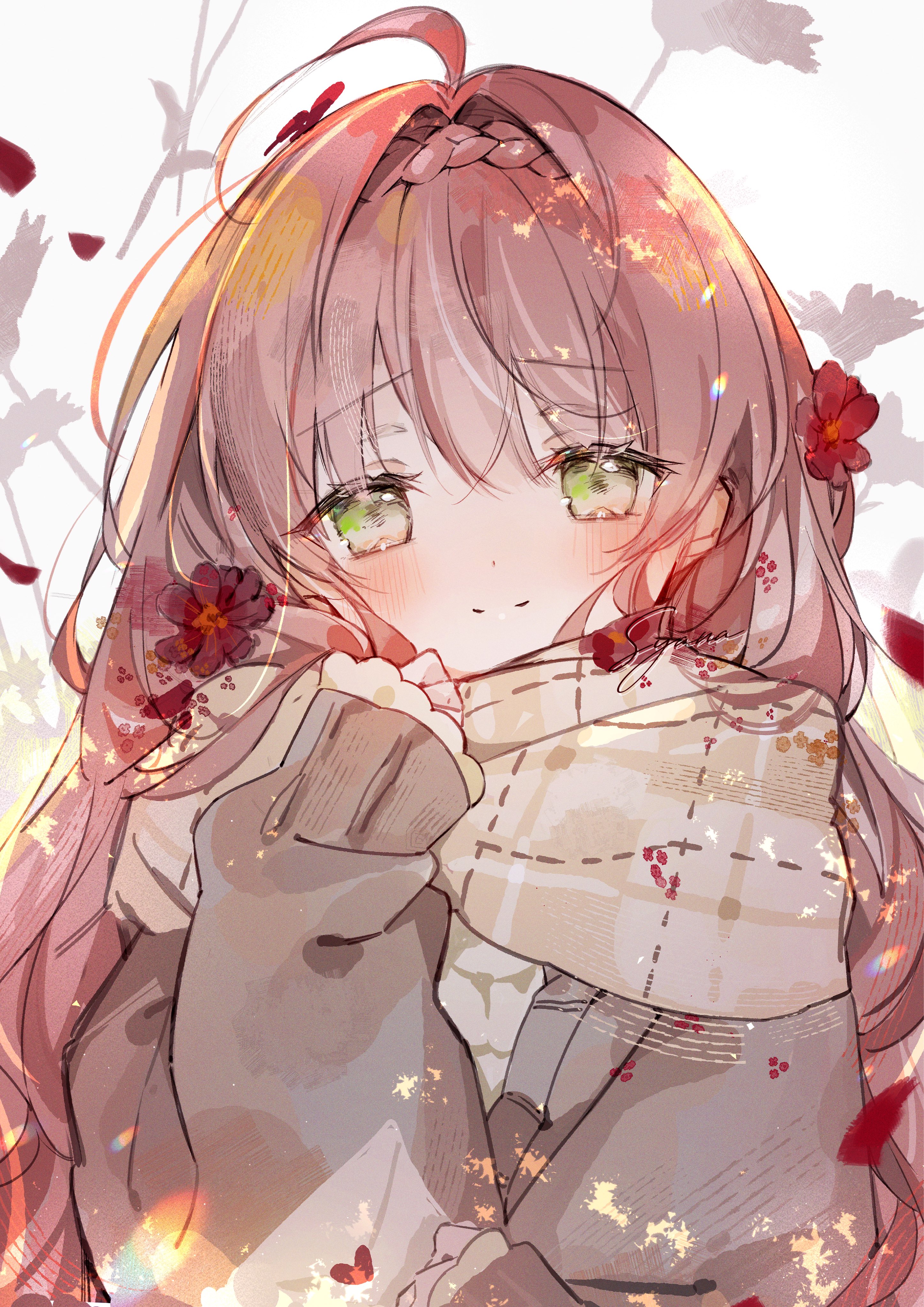 syana alice, original, absurdres, highres, 1girl, blush, brown hair, brown jacket, brown scarf, brown sweater, closed mouth, flower, green eyes, hair between eyes, hair flower, hair ornament, hand up, jacket, long hair, long sleeves, looking at viewer, open clothes, petals, plaid clothes, plaid scarf, puffy long sleeves, puffy sleeves, red flower, scarf, signature, sleeves past wrists, smile, solo, sweater, upper body