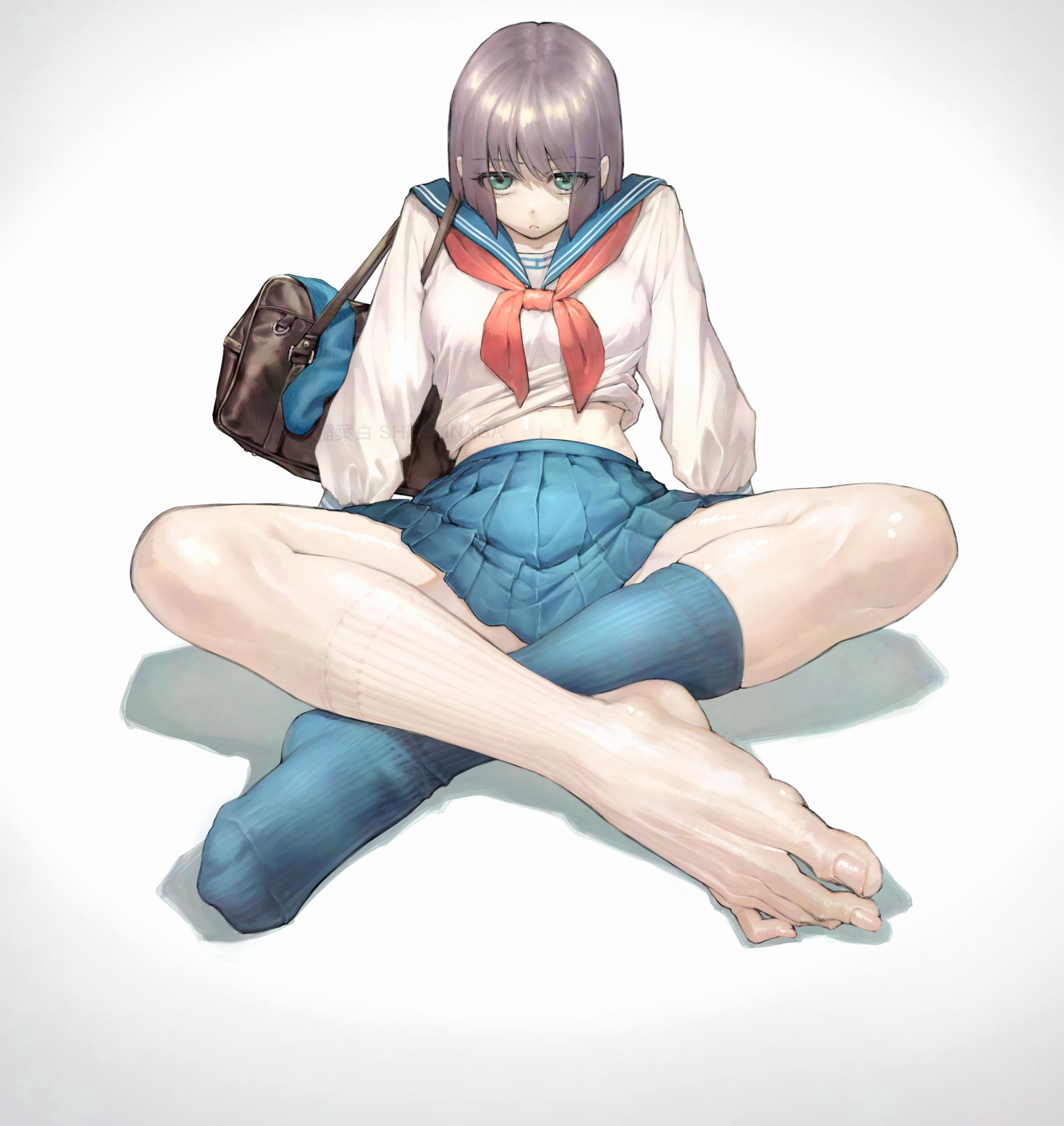 inaba makoto, koushinchou no kouhai to teishinchou no senpai ga renai ni hatten suru made, commentary request, highres, 1girl, blue sailor collar, blue sky, blue socks, breasts, brown bag, brown hair, eyes visible through hair, feet, green eyes, indian style, long sleeves, looking at viewer, medium breasts, midriff, neckerchief, oohara misaki (koushinchou no kouhai to teishinchou no senpai ga renai ni hatten suru made), pleated skirt, red neckerchief, sailor collar, school uniform, serafuku, shirt, short hair, simple background, single sock, sitting, skirt, sky, socks, solo, white background, white shirt