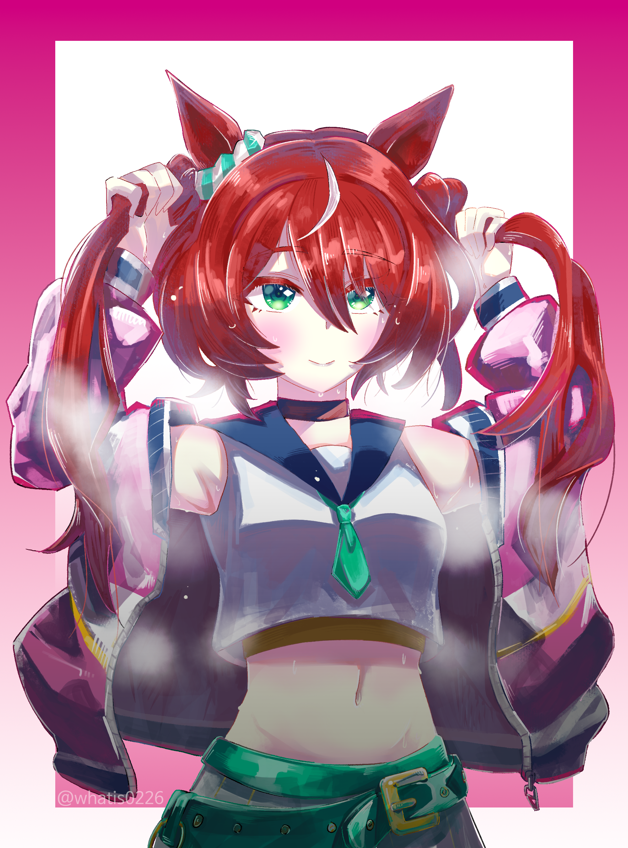 what is (pix30d), win variation (umamusume), umamusume, absurdres, highres, 1girl, alternate costume, alternate hairstyle, animal ears, armpits, belt, breasts, cheerleader, hair between eyes, hair ornament, horse ears, horse girl, jacket, long hair, looking at viewer, navel, small breasts, smile, solo, steaming body, sweat, twintails, twitter username