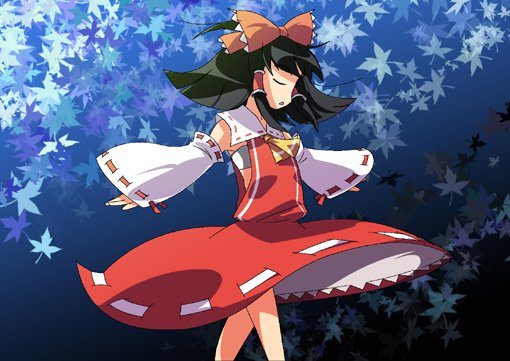 shokkin, hakurei reimu, mountain of faith, touhou, 1girl, ascot, black hair, bow, closed eyes, collar, detached sleeves, dress, female focus, frills, from side, hair bow, hair tubes, leaf, long sleeves, red bow, red dress, ribbon-trimmed sleeves, ribbon trim, short hair, sidelocks, solo, walking