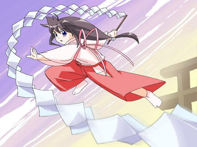 shokkin, jpeg artifacts, tagme, gohei, japanese clothes, miko, solo