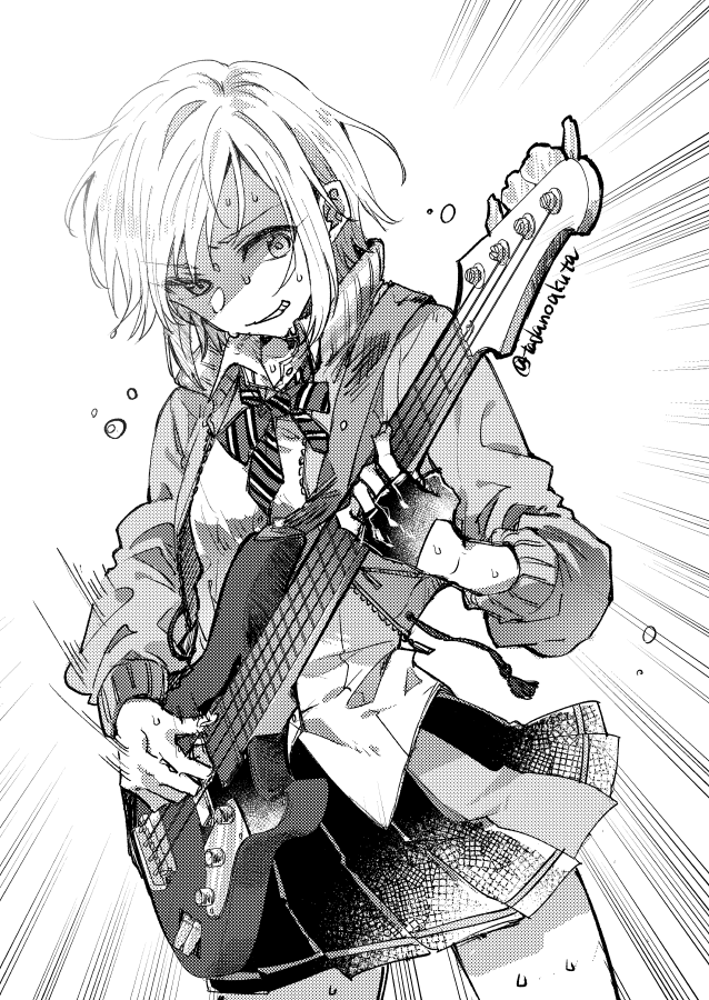 tadano kagekichi, hinomori shiho, project sekai, commentary request, 1girl, bass guitar, black skirt, bow, bowtie, breasts, collared shirt, cowboy shot, fingerless gloves, gloves, greyscale, grin, guitar strap, half gloves, holding, holding instrument, instrument, jacket, long sleeves, looking at object, monochrome, music, open clothes, open jacket, playing bass guitar, playing instrument, pleated skirt, shirt, short hair, sidelocks, single glove, skirt, small breasts, smile, solo, standing, striped bow, striped bowtie, striped clothes, sweat, sweatdrop, twitter username, untucked shirt, white shirt