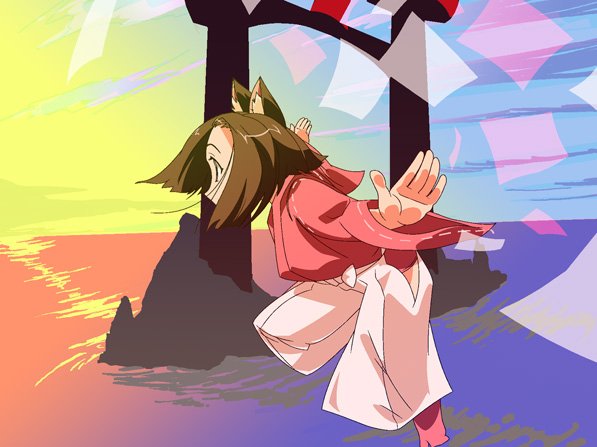 shokkin, 1girl, animal ears, cat ears, female focus, flying, japanese clothes, miko, ocean, outstretched arms, solo, spread arms, torii