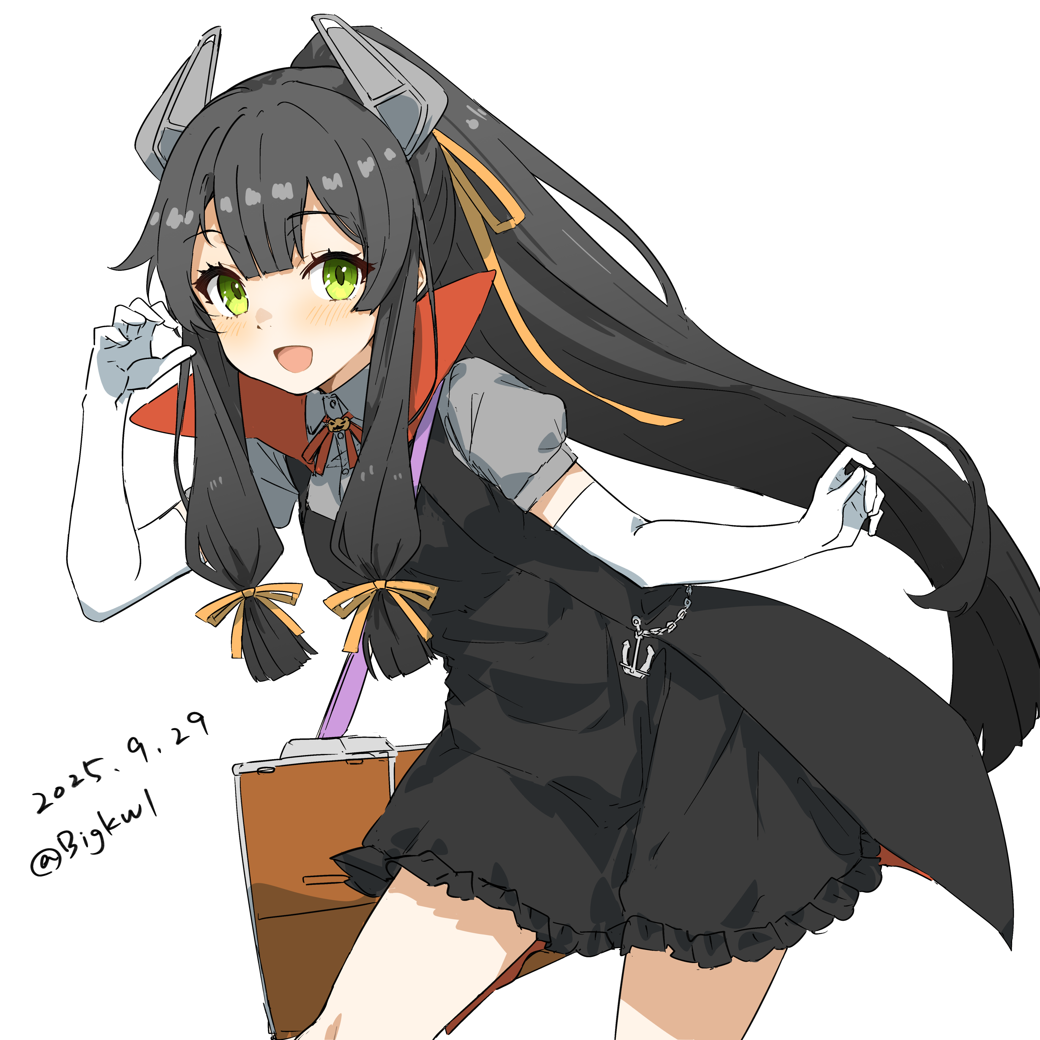 bigkwl, i-47 (halloween) (kancolle), i-47 (kancolle), kantai collection, absurdres, highres, 1girl, black dress, black hair, dated, dress, elbow gloves, gloves, green eyes, hair between eyes, hair ribbon, halloween costume, long hair, official alternate costume, open mouth, orange ribbon, puffy short sleeves, puffy sleeves, ribbon, short sleeves, solo, very long hair, white gloves