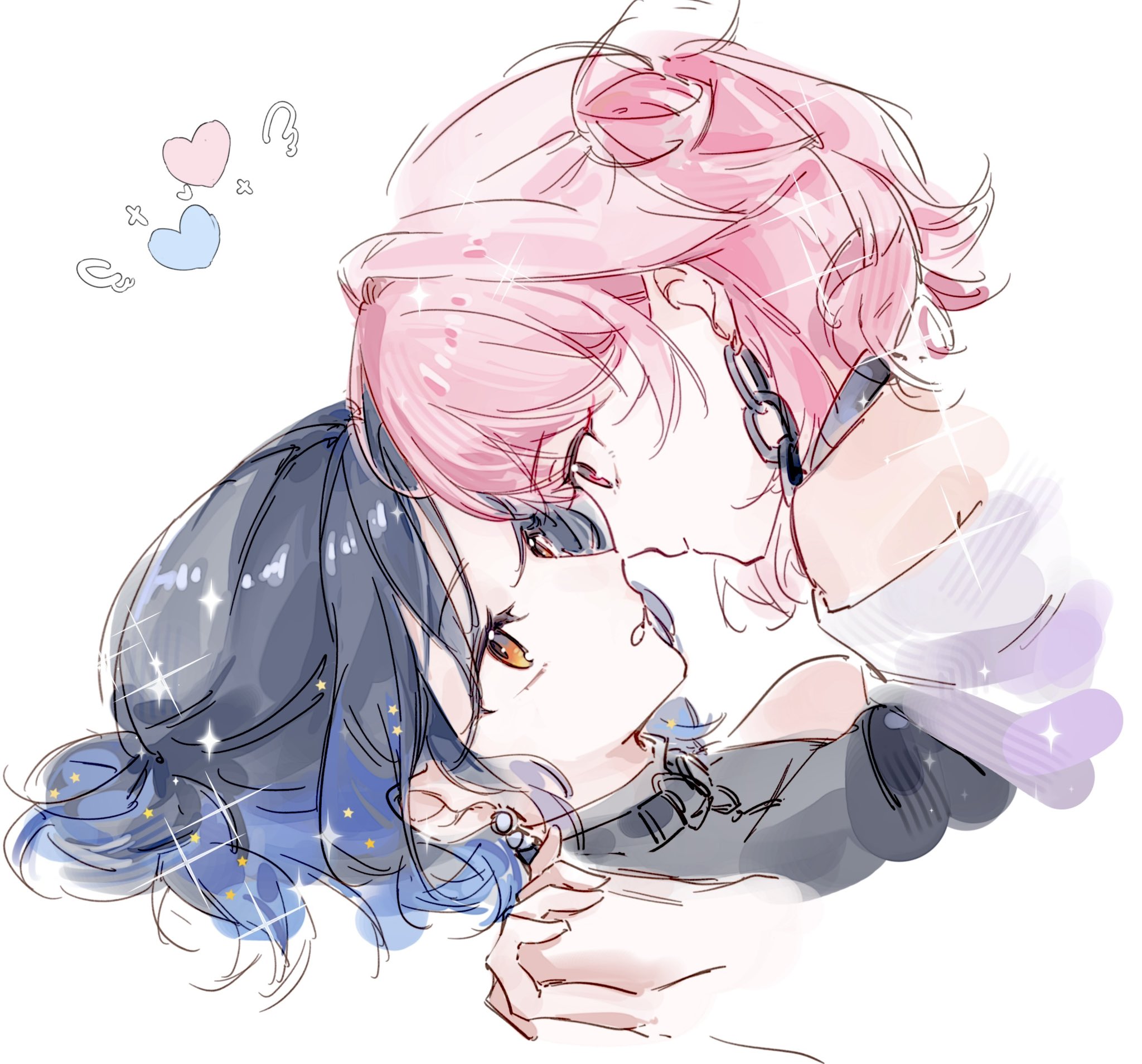 phynolcrystal, akiyama mizuki, shiraishi an, project sekai, highres, 1girl, 1other, blue hair, couple, earrings, eye contact, heart, holding hands, interlocked fingers, jewelry, looking at another, multiple girls, orange eyes, other with female, parted lips, pink eyes, pink hair, short hair, sketch, sparkle, white background